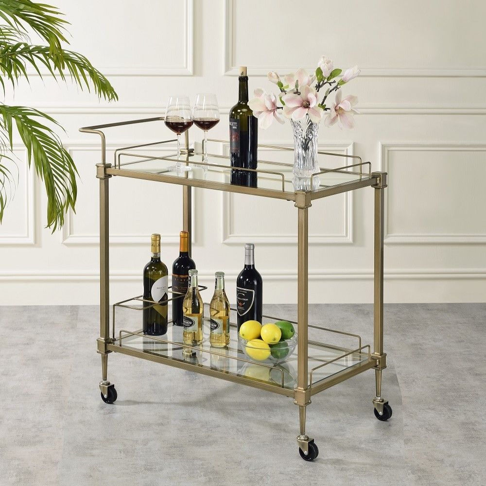 Aditya - Serving Cart - Mirrored & Antique Brass, gold