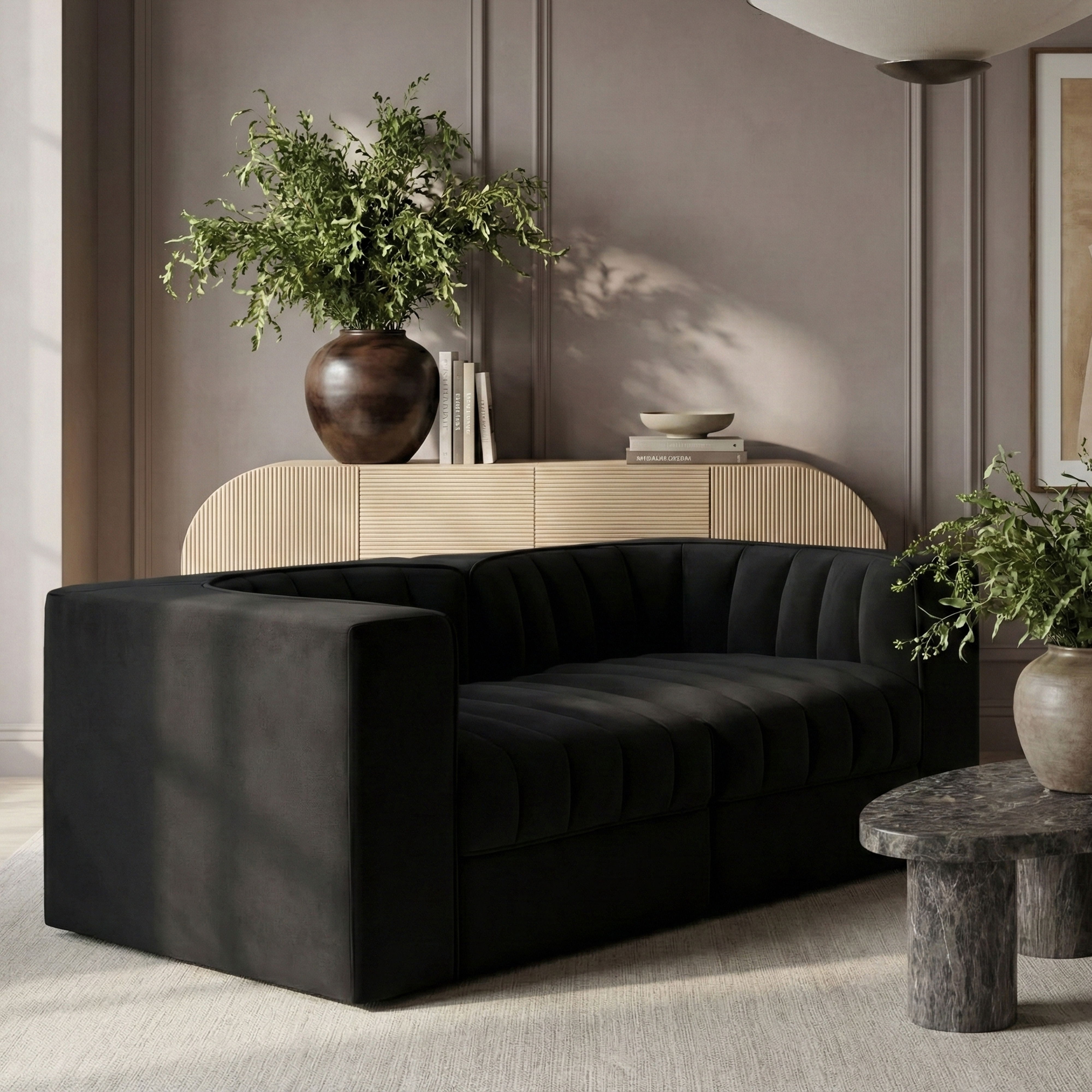 Rummi - Velvet Performance Fabric Upholstered 2 Piece Modular Loveseat With Arms - Black