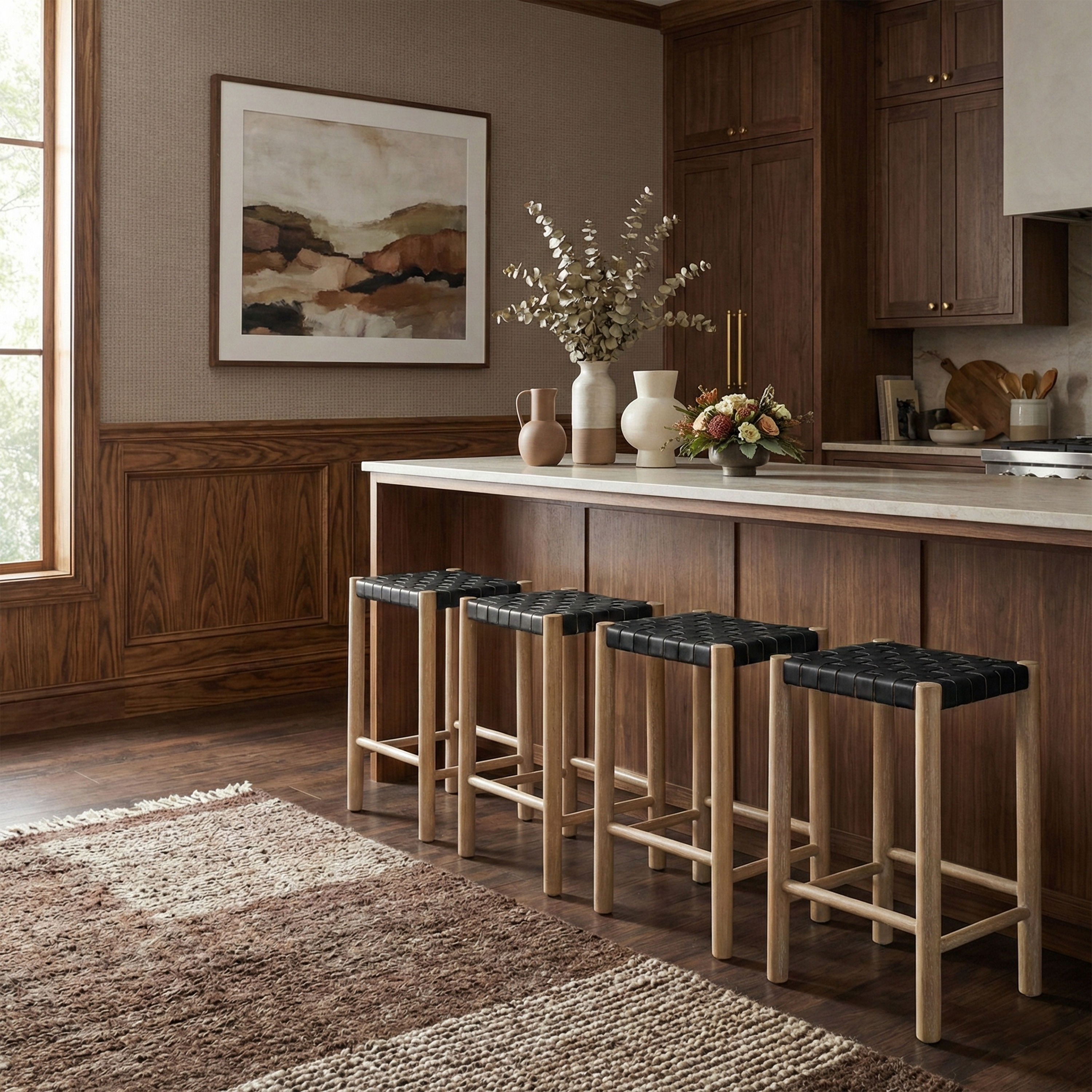 Entwine - Vegan Leather Upholstered Backless Counter Stool - Black / Painted Natural