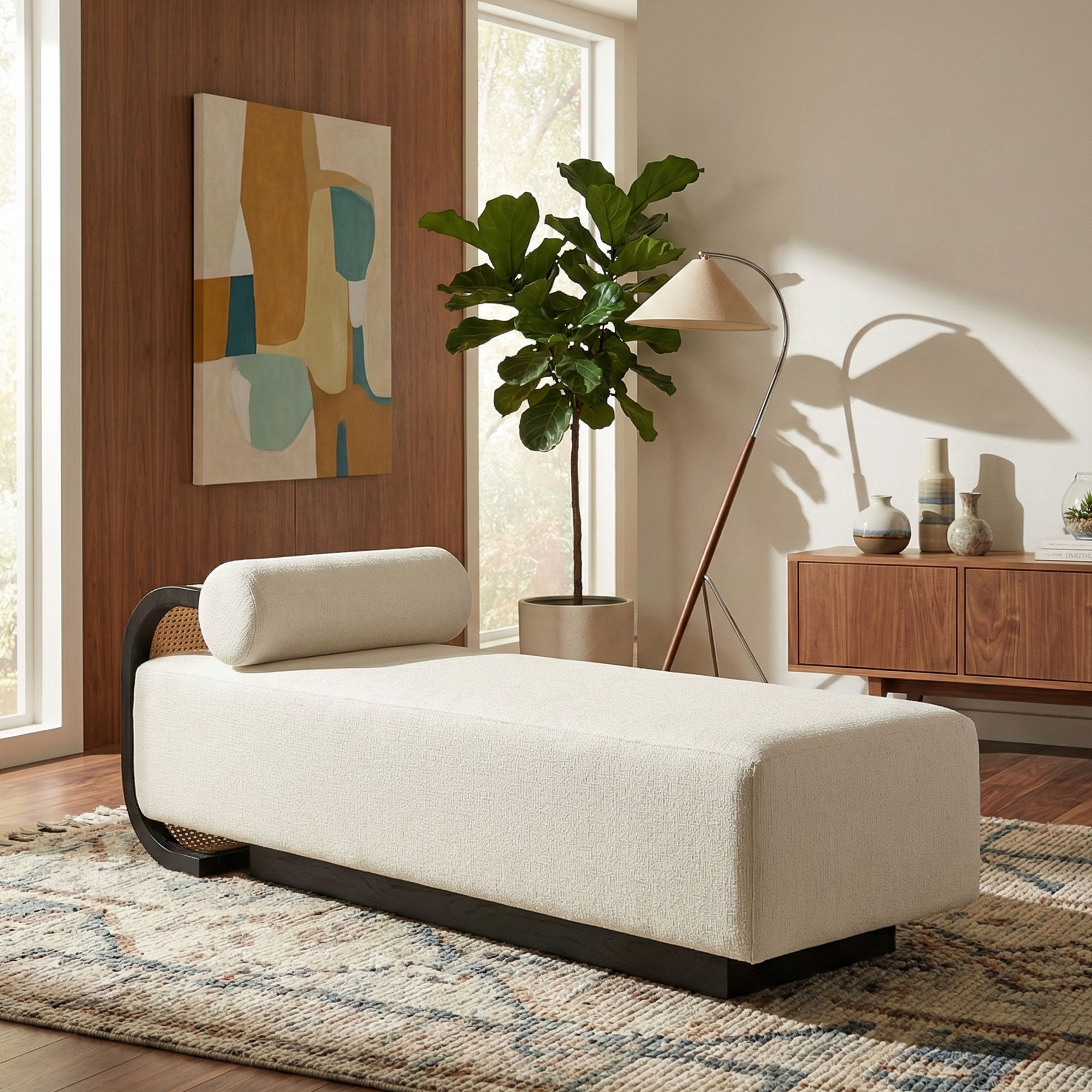 Zephyr - Linen Textured Fabric Upholstered Chaise - Cream / Painted Black