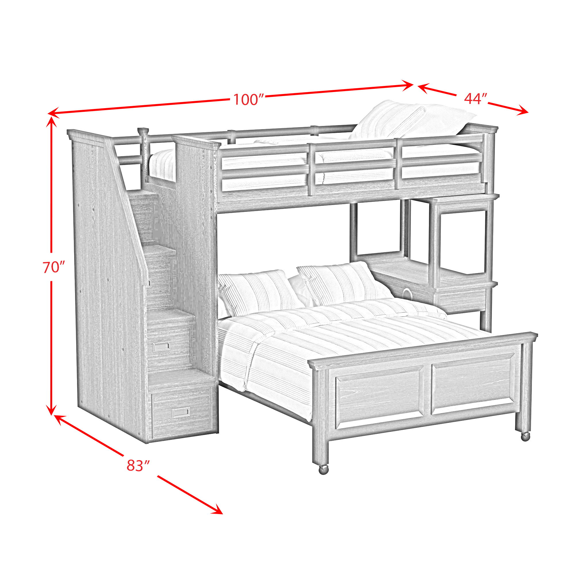 Hampton Kids - Twin Over Full Loft With Staircase And Desk With Speaker 3 Piece Bedroom Set - White