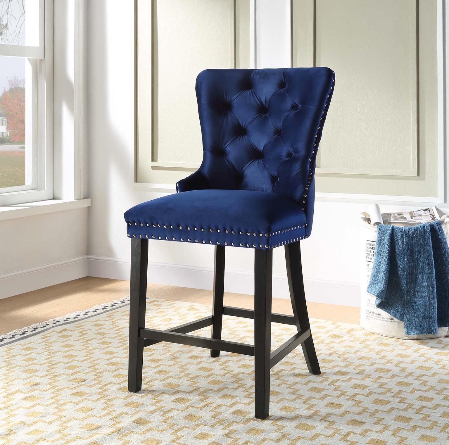 D2081 - Velvet Counter Chair (Set of 2) - Dark Navy