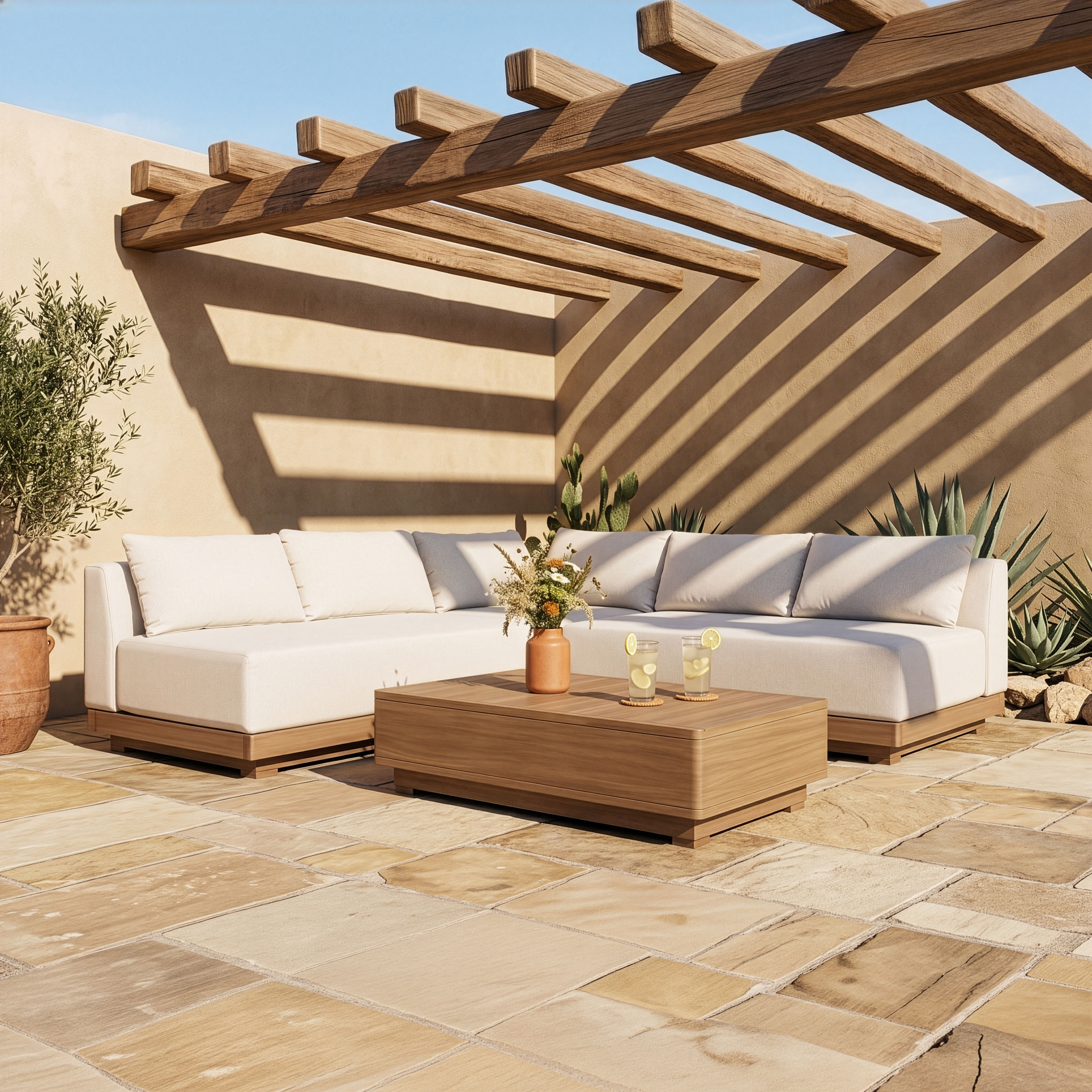 Solace - Olefin Performance Fabric 3 Piece Outdoor Patio Modular Sectional (2 Loveseats & Corner Chair) - Cream