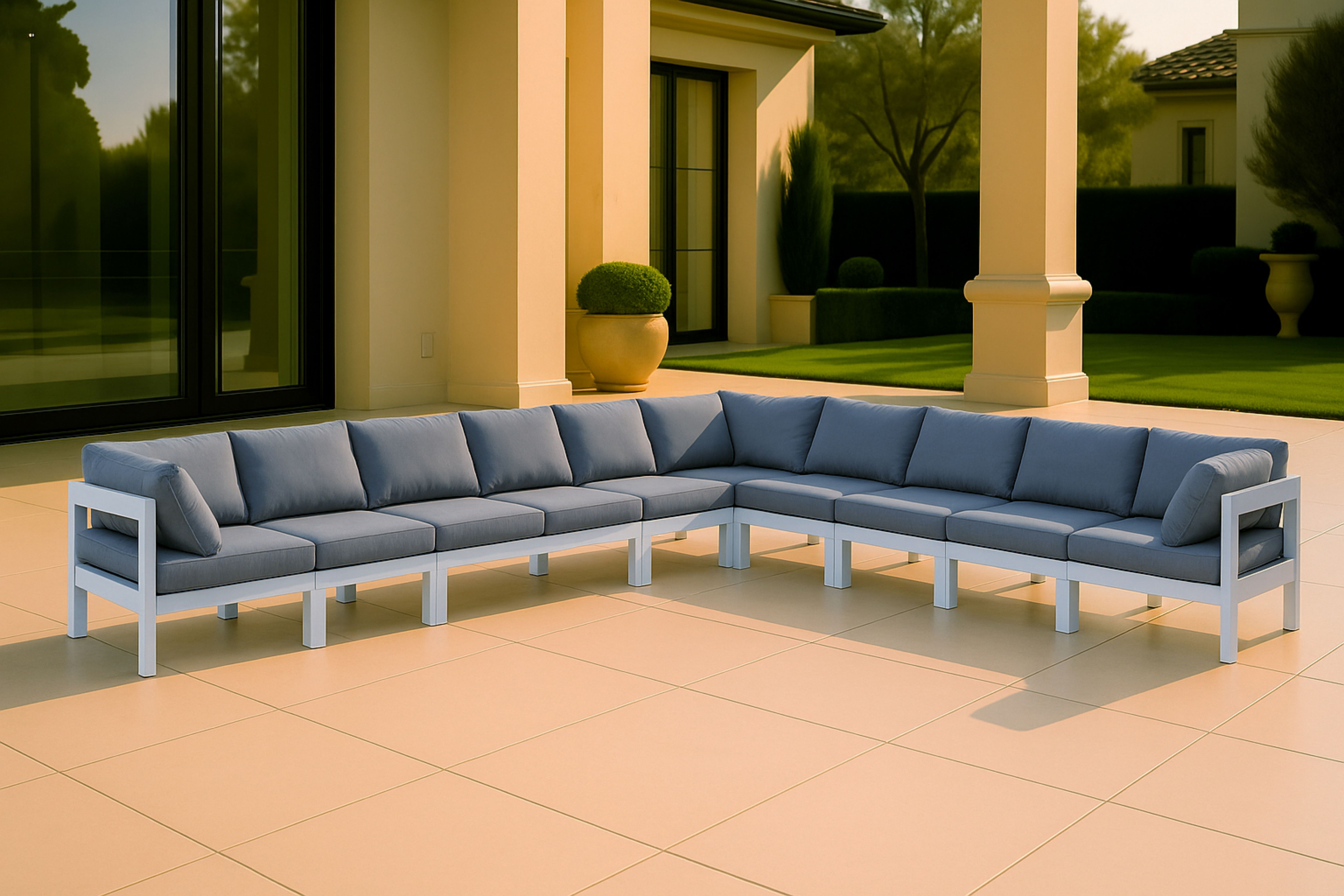 Nizuc - Outdoor Patio 10 Piece Modular Corner Sectional With White Frame - Gray