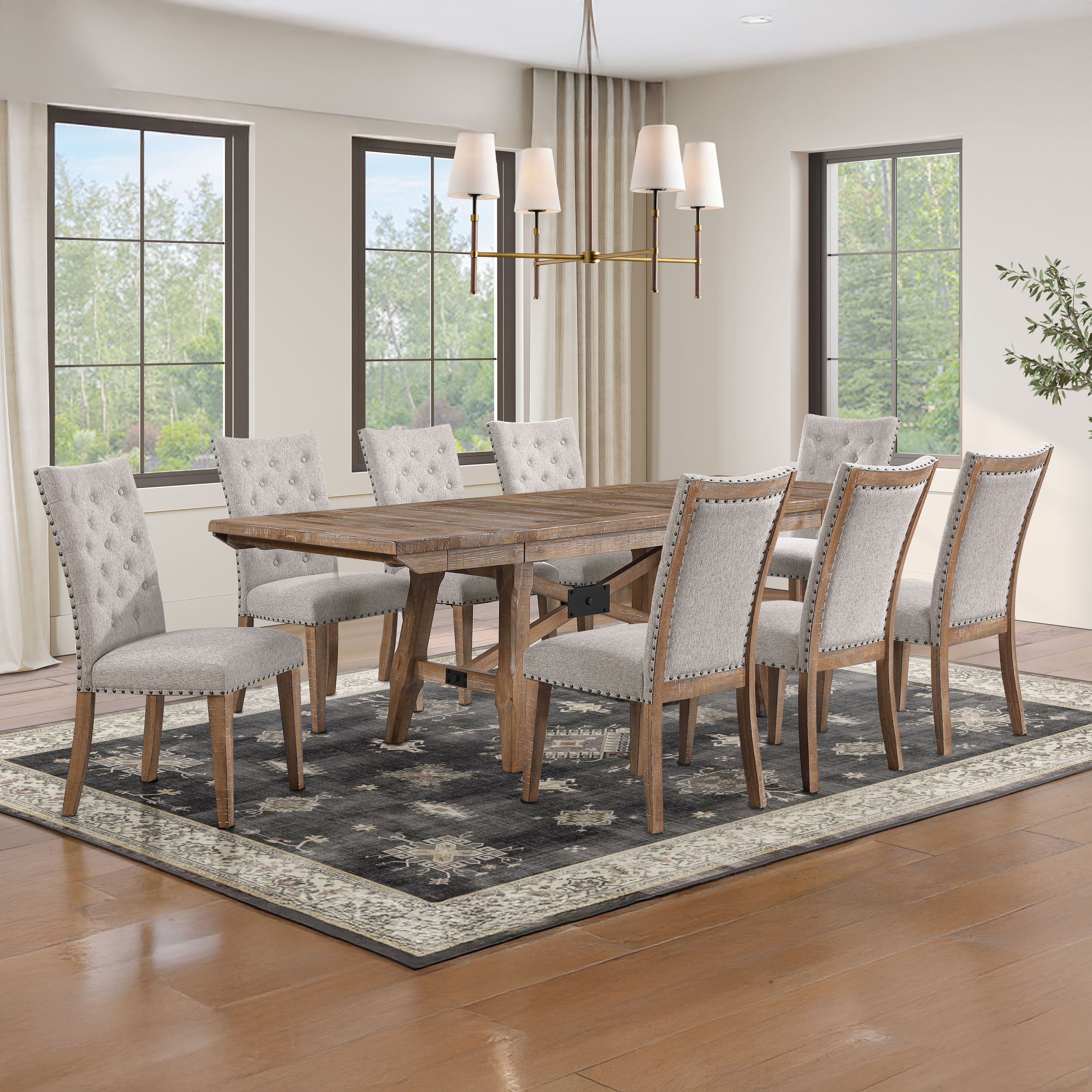 9 Pc · Trestle Table With 8 Upholstered Chairs