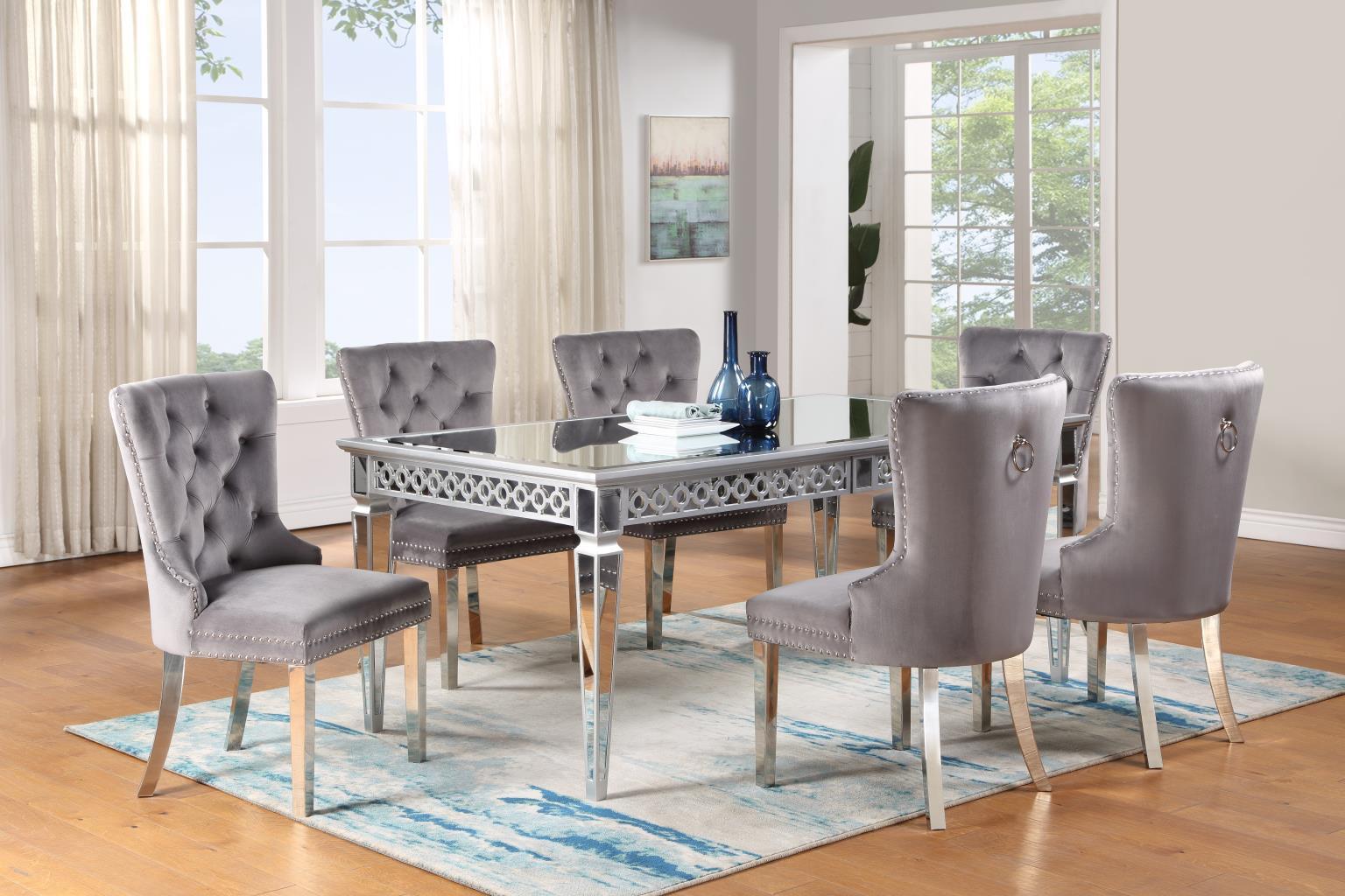 D082 - 7 Piece Dining Room Set (Table, 6 Side Chairs) - Gray / Pearl Silver