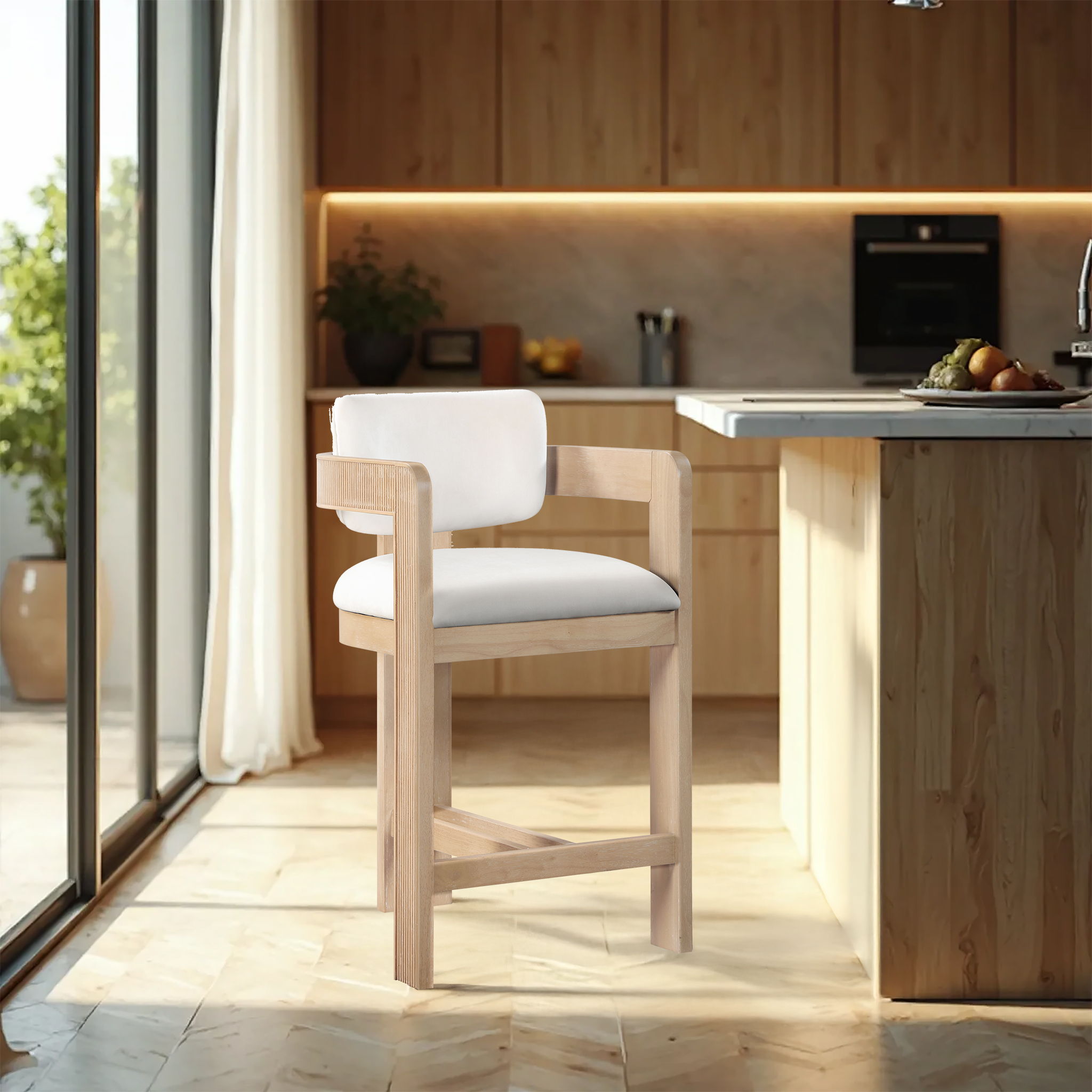 Sacha - Velvet Stool With Natural Base - Cream