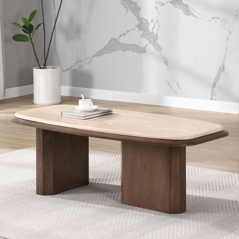 Kasha - Coffee Table - Travertine Top & Walnut, dark brown