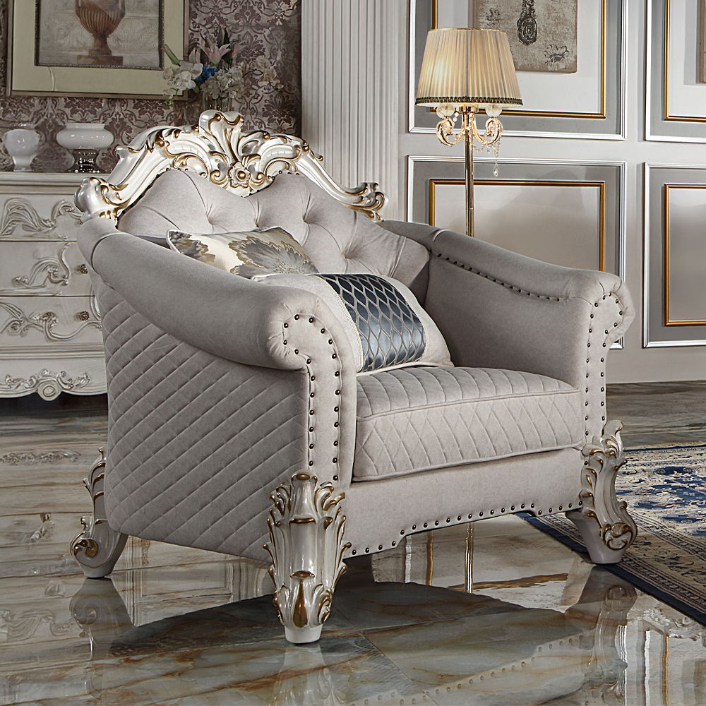 Vendome II - Chair With 2 Pillows - Two Tone Ivory Fabric & Antique Pearl, white