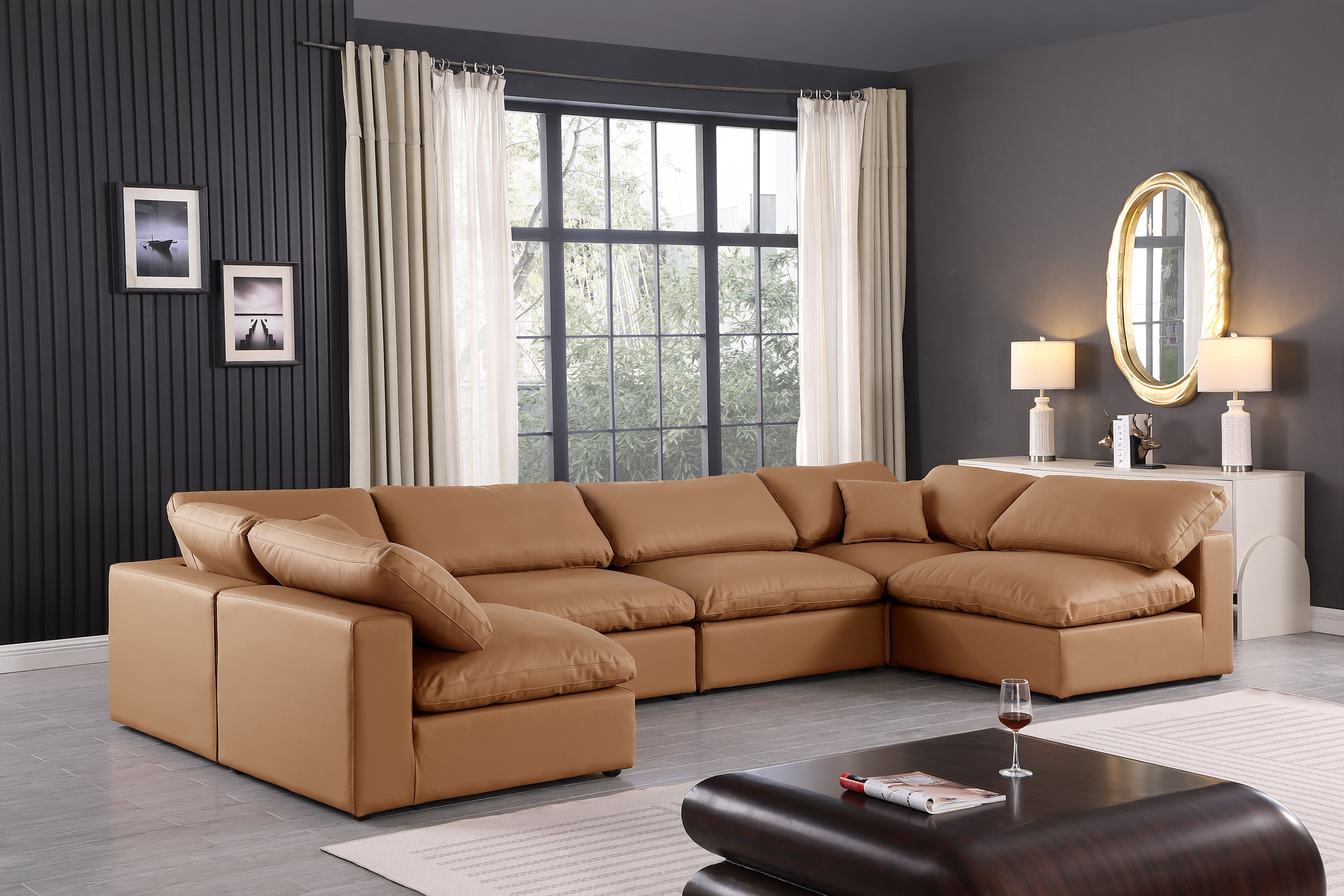 Comfy - 6 Piece Faux Leather Modular Armless Sectional - Cognac