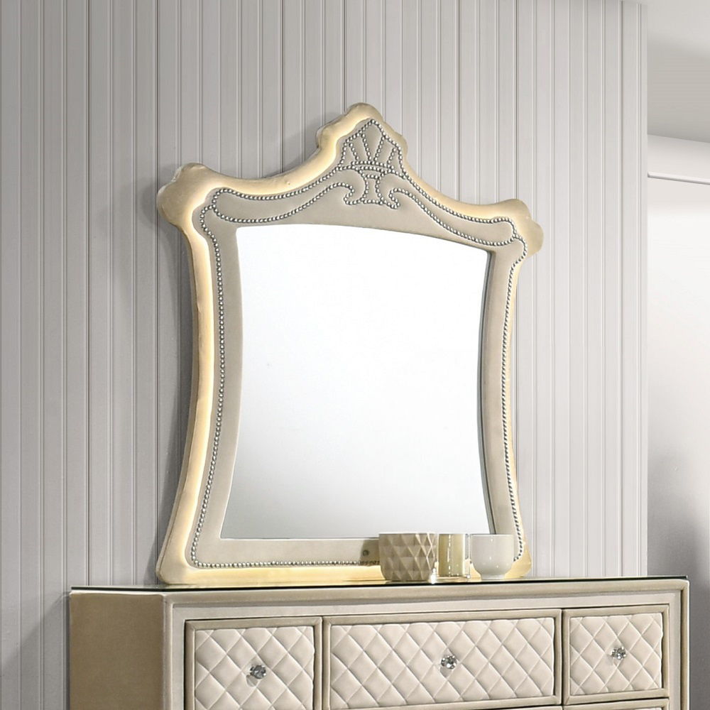 Lucienne - Mirror With LED - Beige Velvet, beige