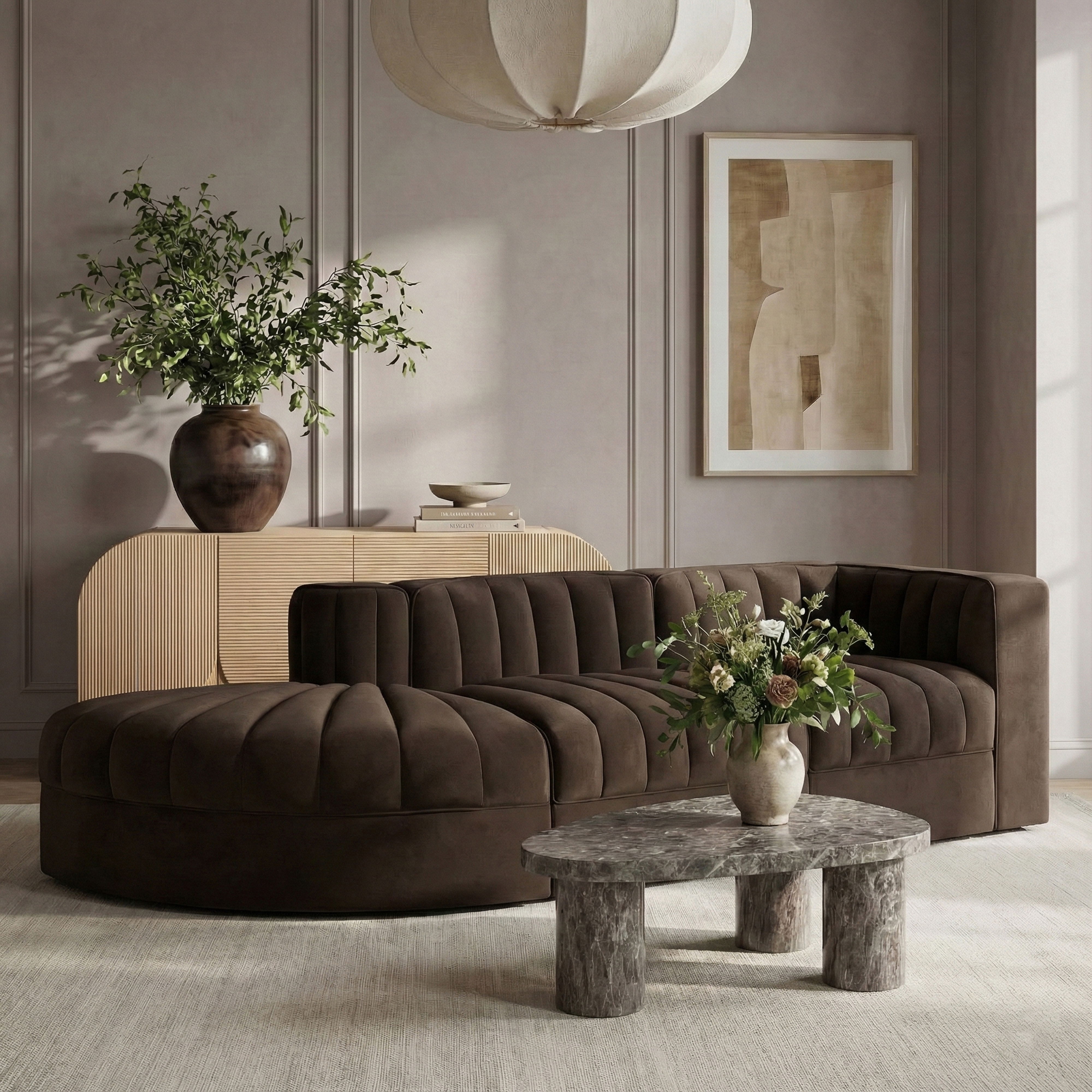 Rummi - Velvet Performance Fabric Upholstered 3 Piece Modular Sectional - Brown