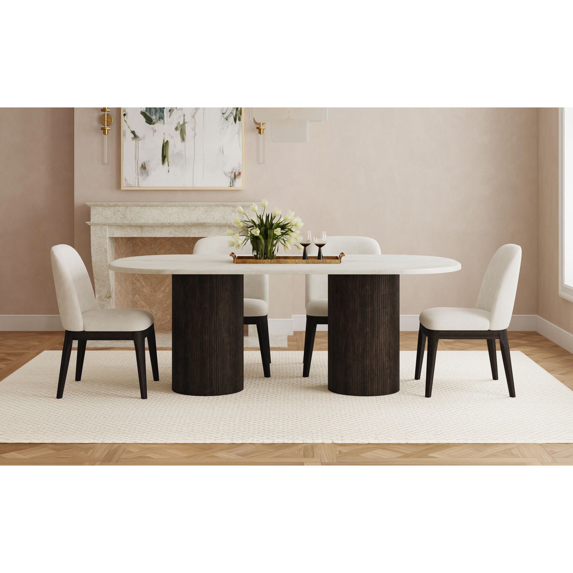 Sylvie - Oval Dining Table With Faux Marble Top - White / Dark Brown