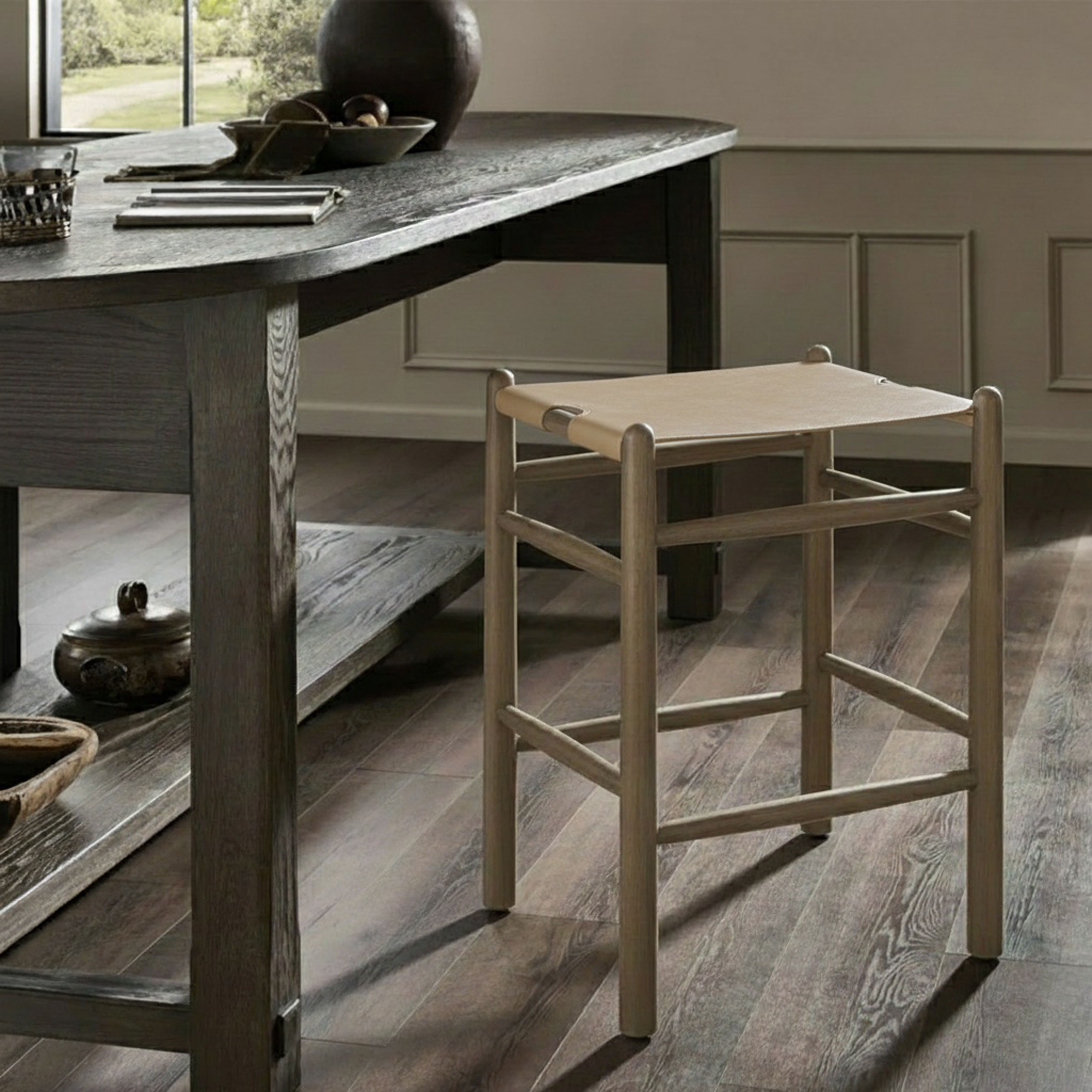 Santos - Vegan Leather Upholstered Backless Counter Stool - Beige / Stained Brown
