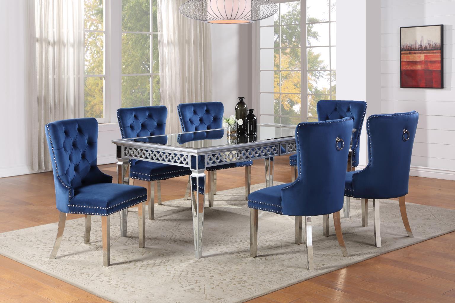 D082 - 7 Piece Dining Room Set (Table, 6 Side Chairs) - Navy / Pearl Silver
