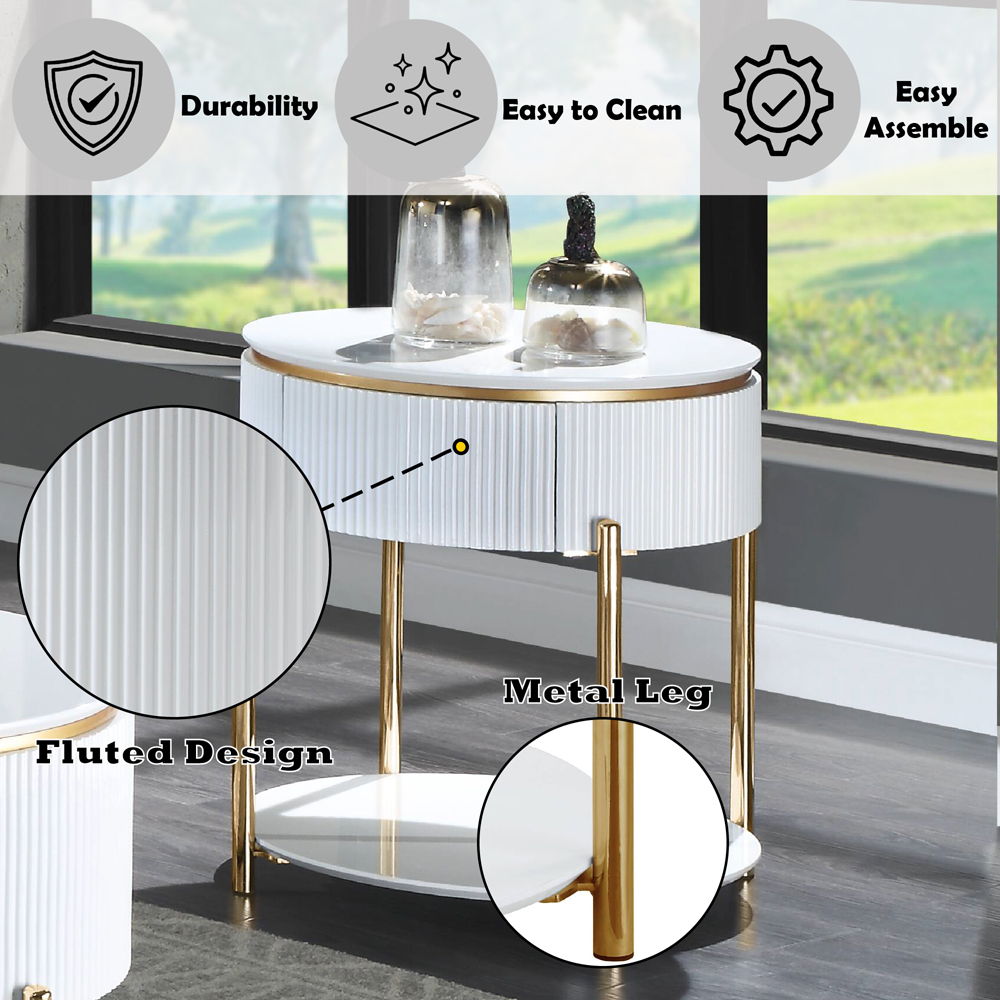 Daveigh - End Table - White High Gloss & Gold, white, view 6
