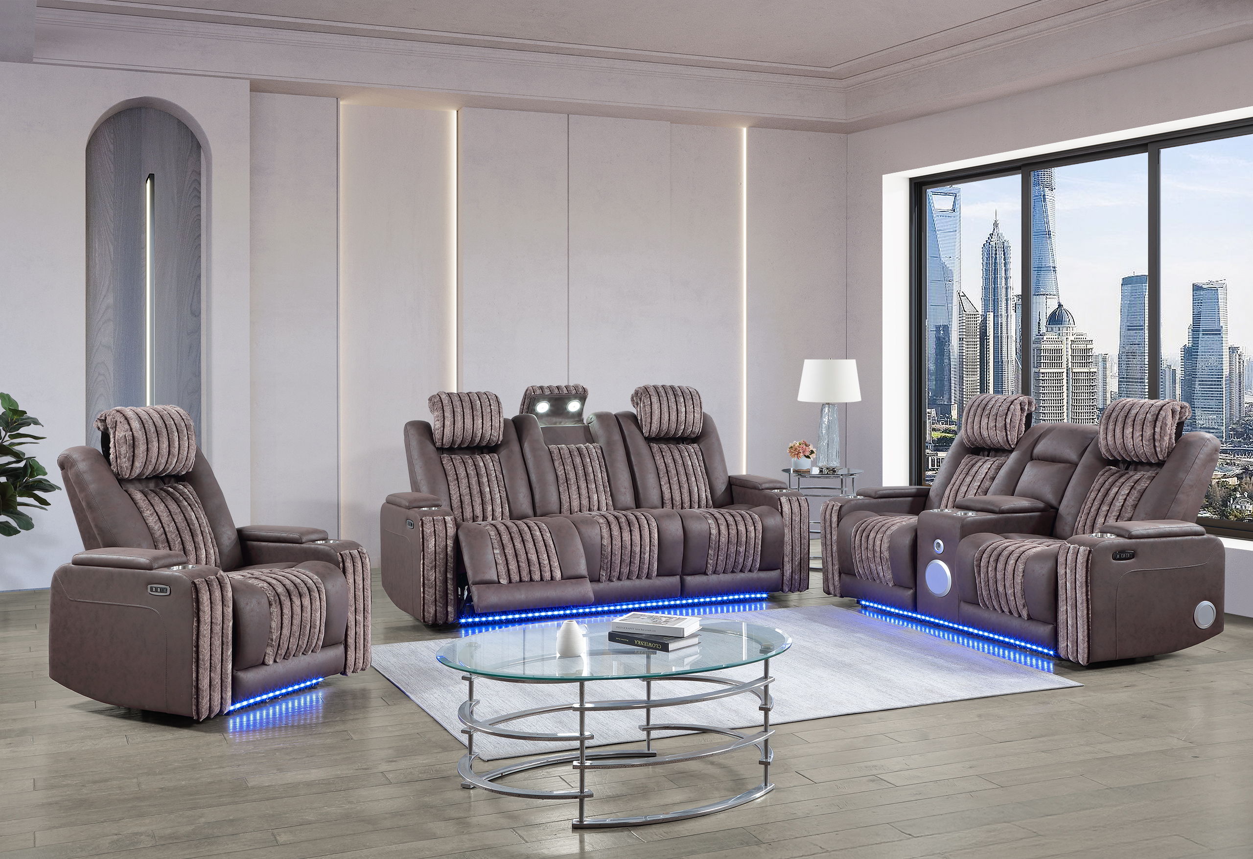 U8000 - 3 Piece Living Room Set (Power Console Reclining Loveseat, Power Reclining Sofa, Power Recliner With Power Headrest) - Brown