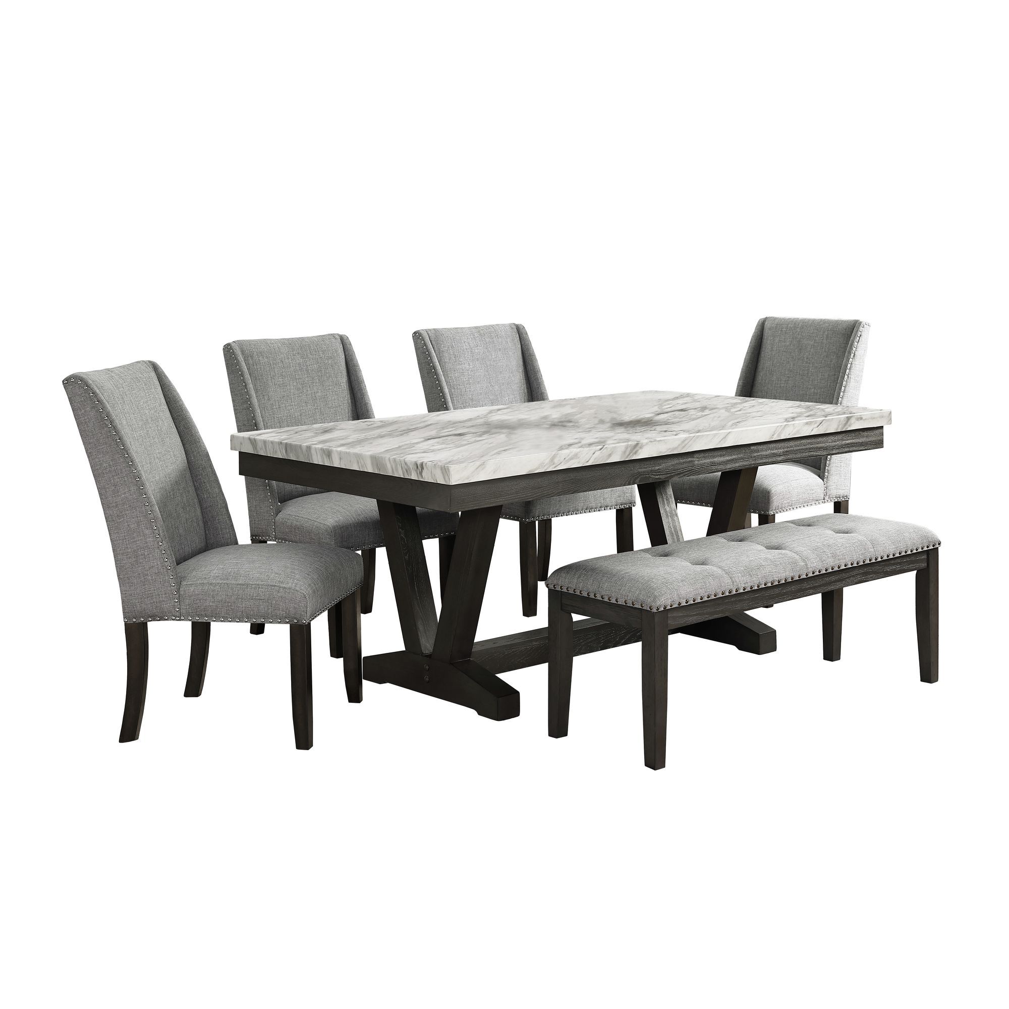 6 Pc · Dining Set Table, Four Chairs and Bench