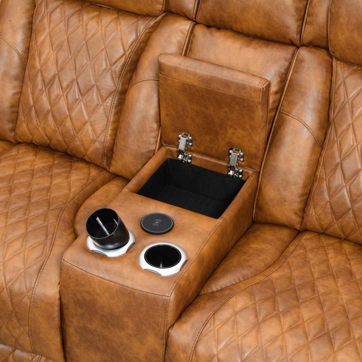 Taddeo - Power Motion Sectional Sofa With Power Headrest, Massage & LED - Two Tone Brown Leatherette, light brown, view 8