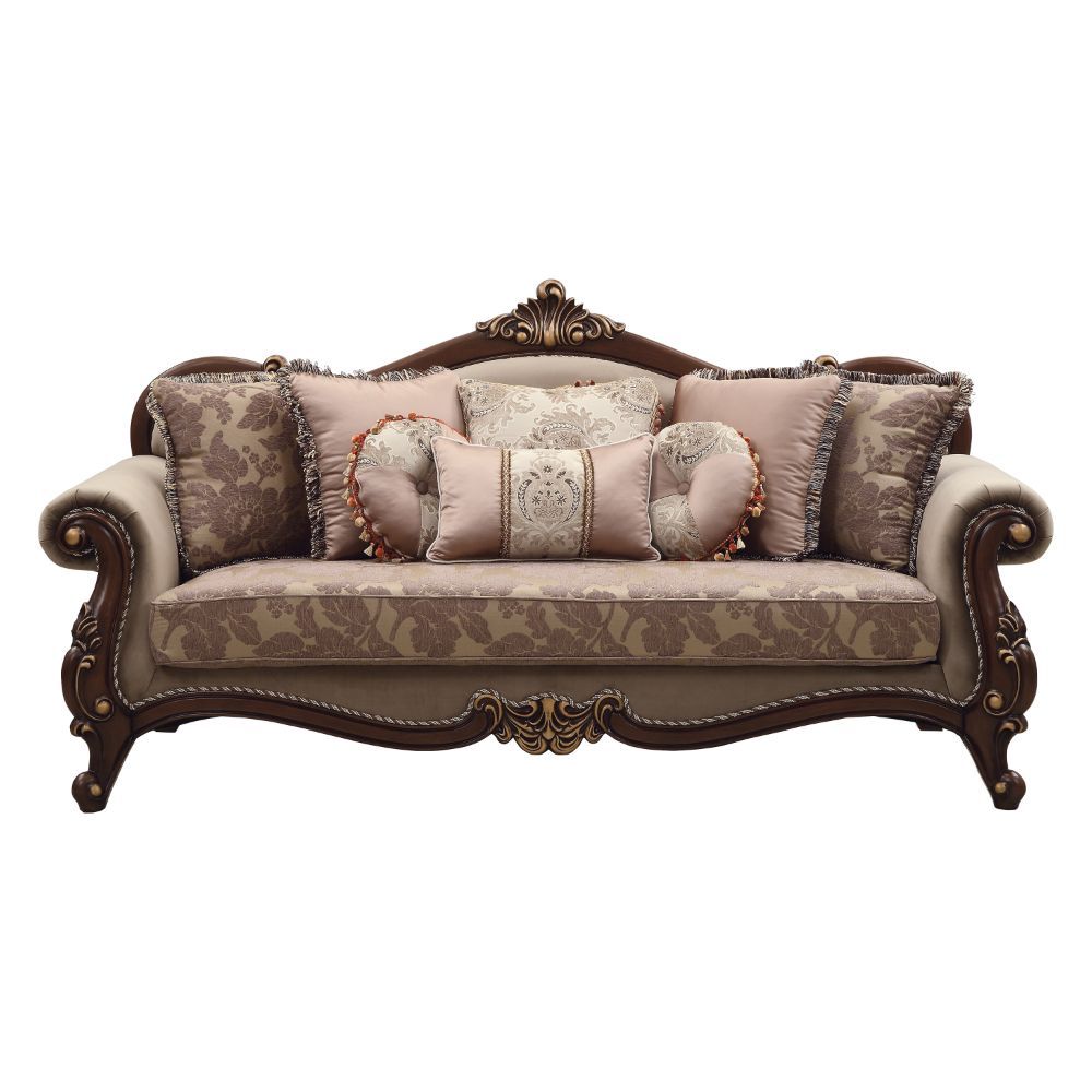 Mehadi - Sofa With 8 Pillows - Velvet & Walnut, beige
