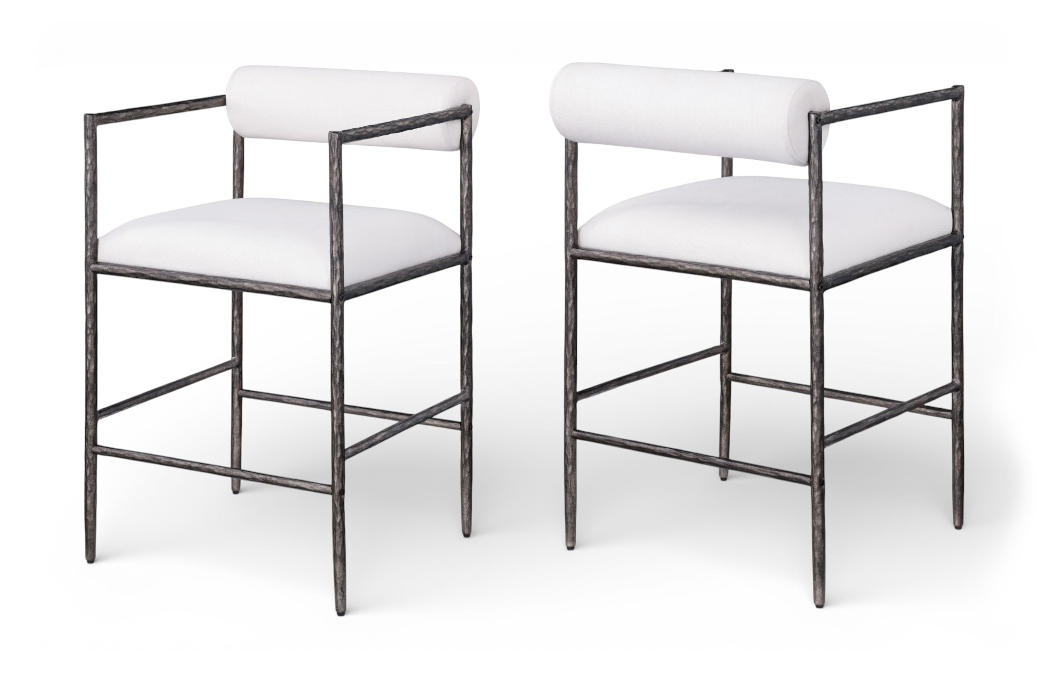 Axis - Linen Textured Fabric Upholstered Counter Stool (Set of 2) - Cream / Powder Coated Antique Black