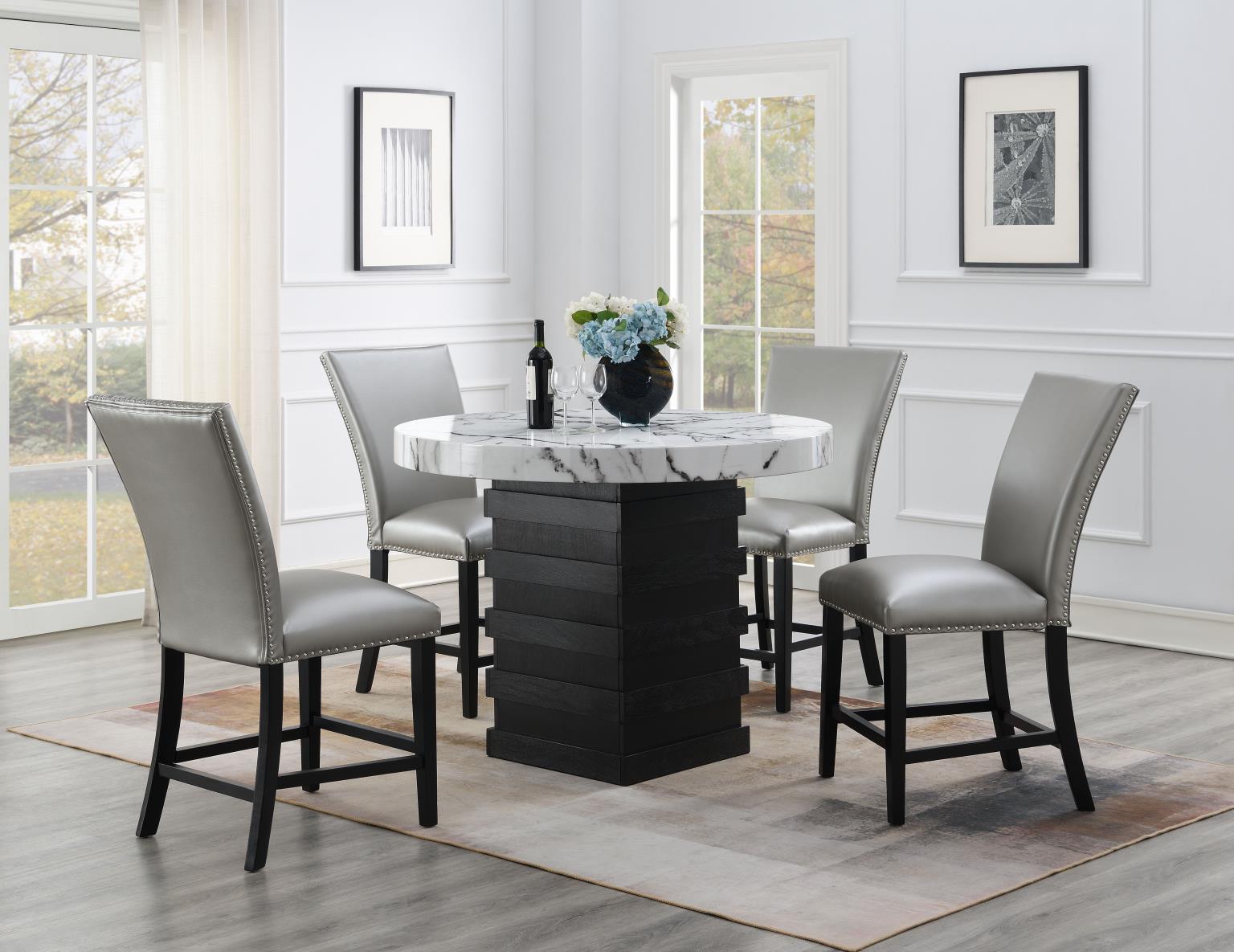 D141 - 5 Piece Dining Room Set (Counter Table, 4 Faux Leather Chairs) - Shimmer Silver
