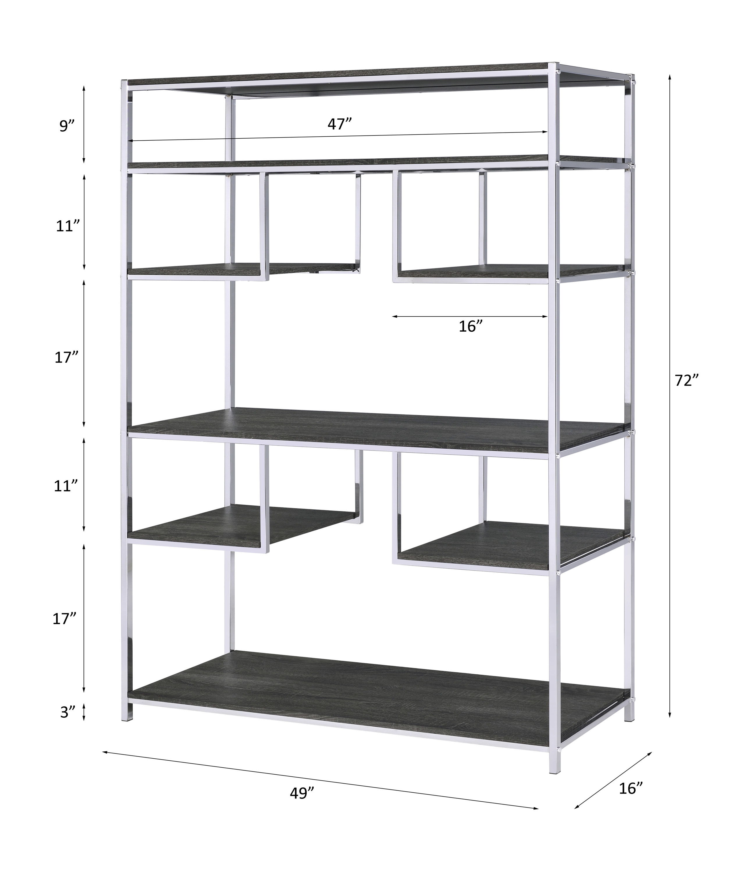 Vonara - Bookshelf - Rustic Gray Oak & Chrome, dark gray, view 3