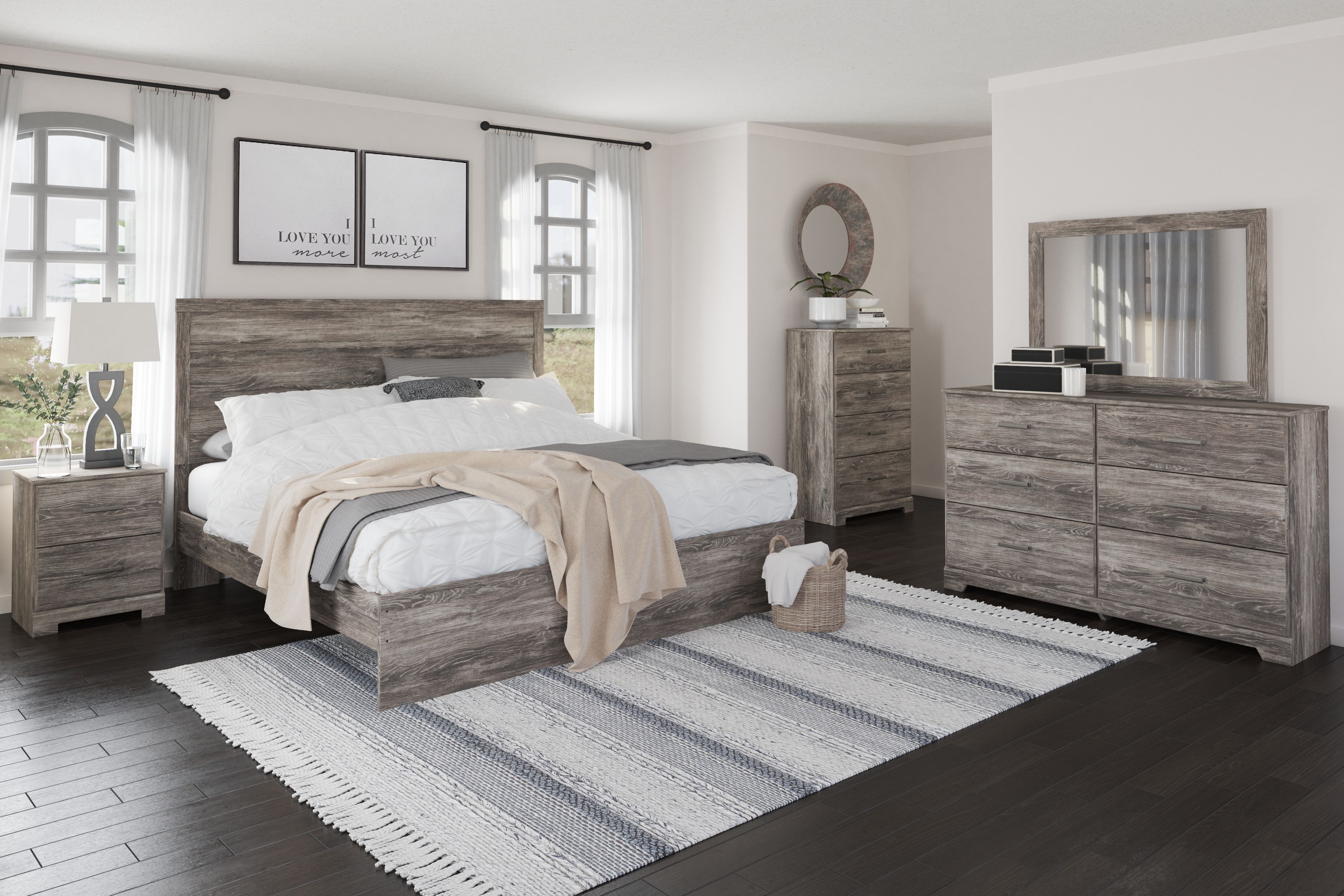 Ralinksi - 6 Pc. - Dresser, Mirror, King Panel Bed, 2 Nightstands - Gray