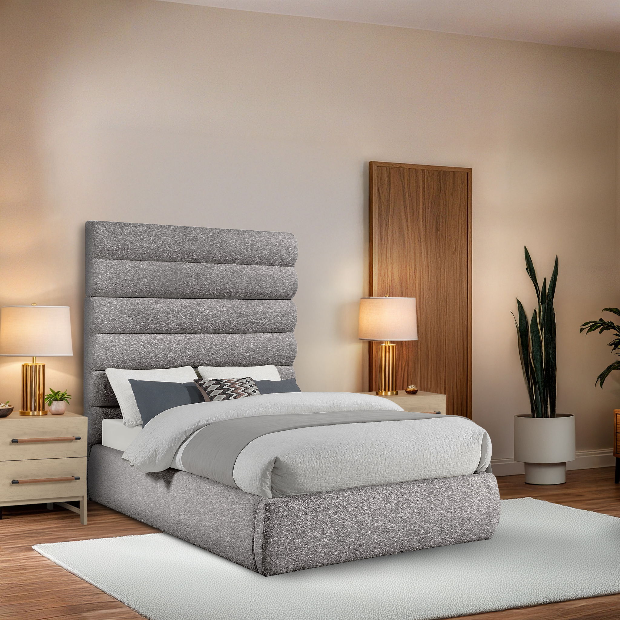 Adam - Boucle Fabric Full Bed With 70.5" Headboard - Taupe