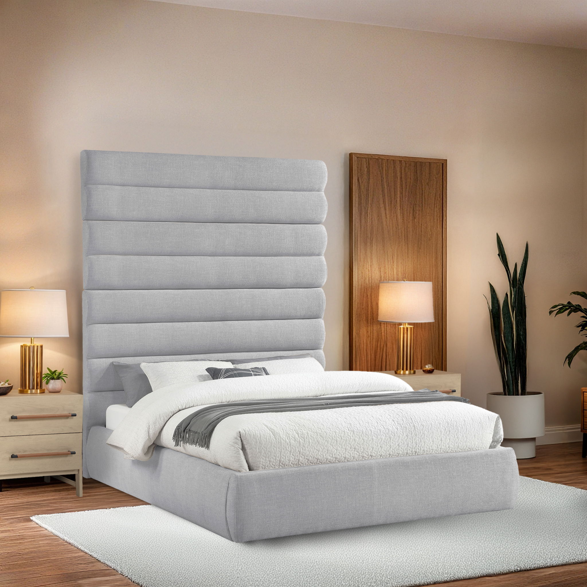 Adam - Linen Fabric Queen Bed With 89" Headboard - Gray