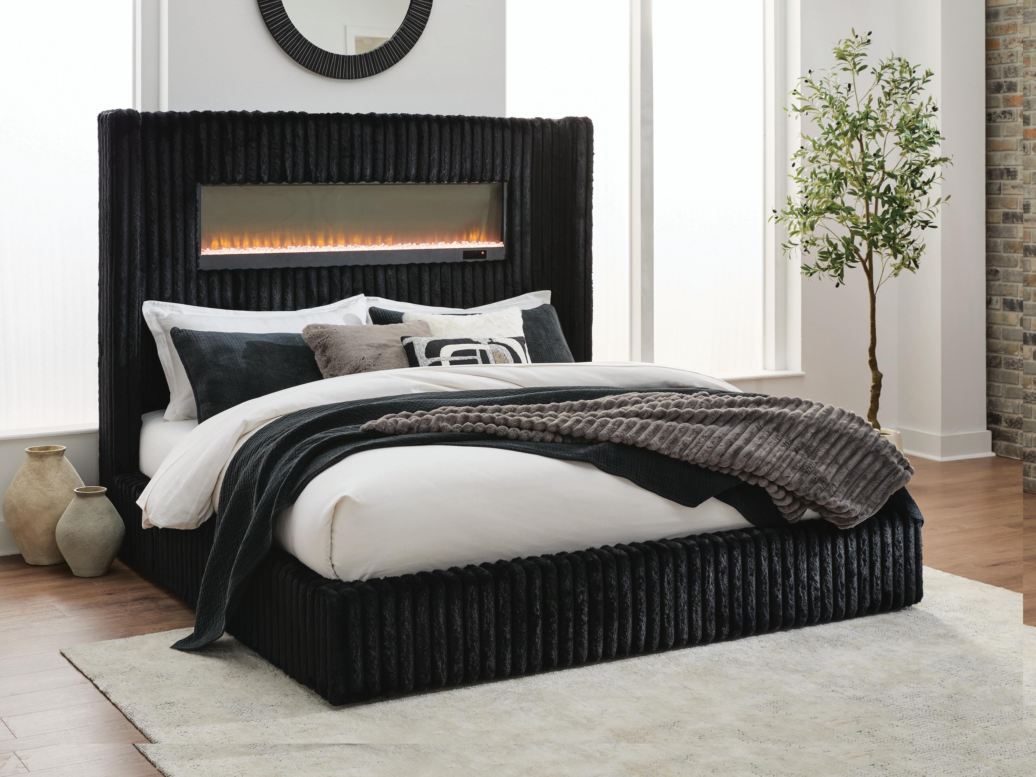 Ashley Furniture Tayleena - Queen Upholstered Bed With Fireplace And Wireless Audio - Black - Image 5