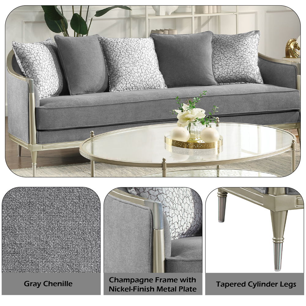 Fernando - Sofa With 5 Pillows - Gray Chenille & Champagne, gray, view 7