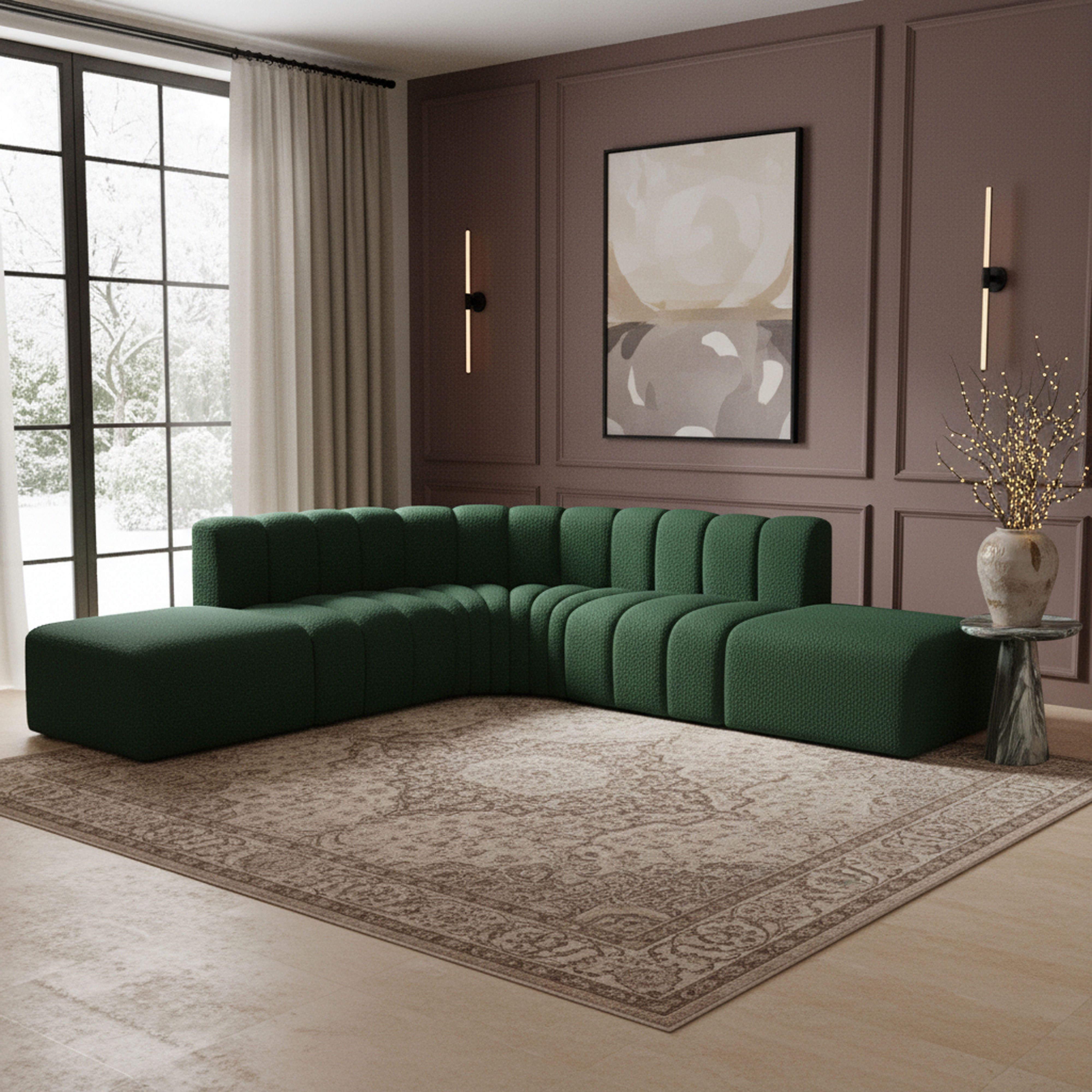 Arc - Boucle Fabric 6 Piece Corner Modular Sofa - Green