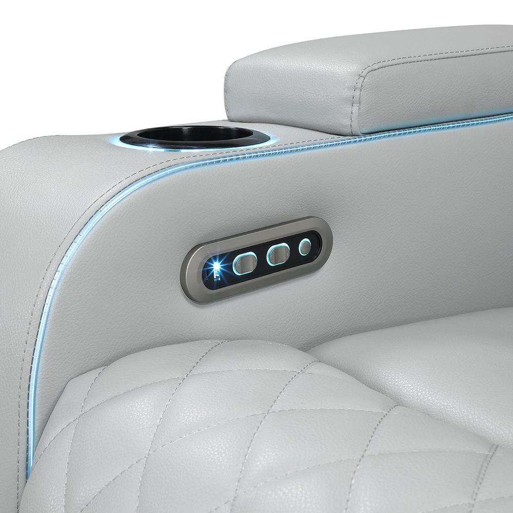 Elonzo - Power Motion Recliner With LED, Power Headrest & Speaker - Light Gray, light gray, view 6