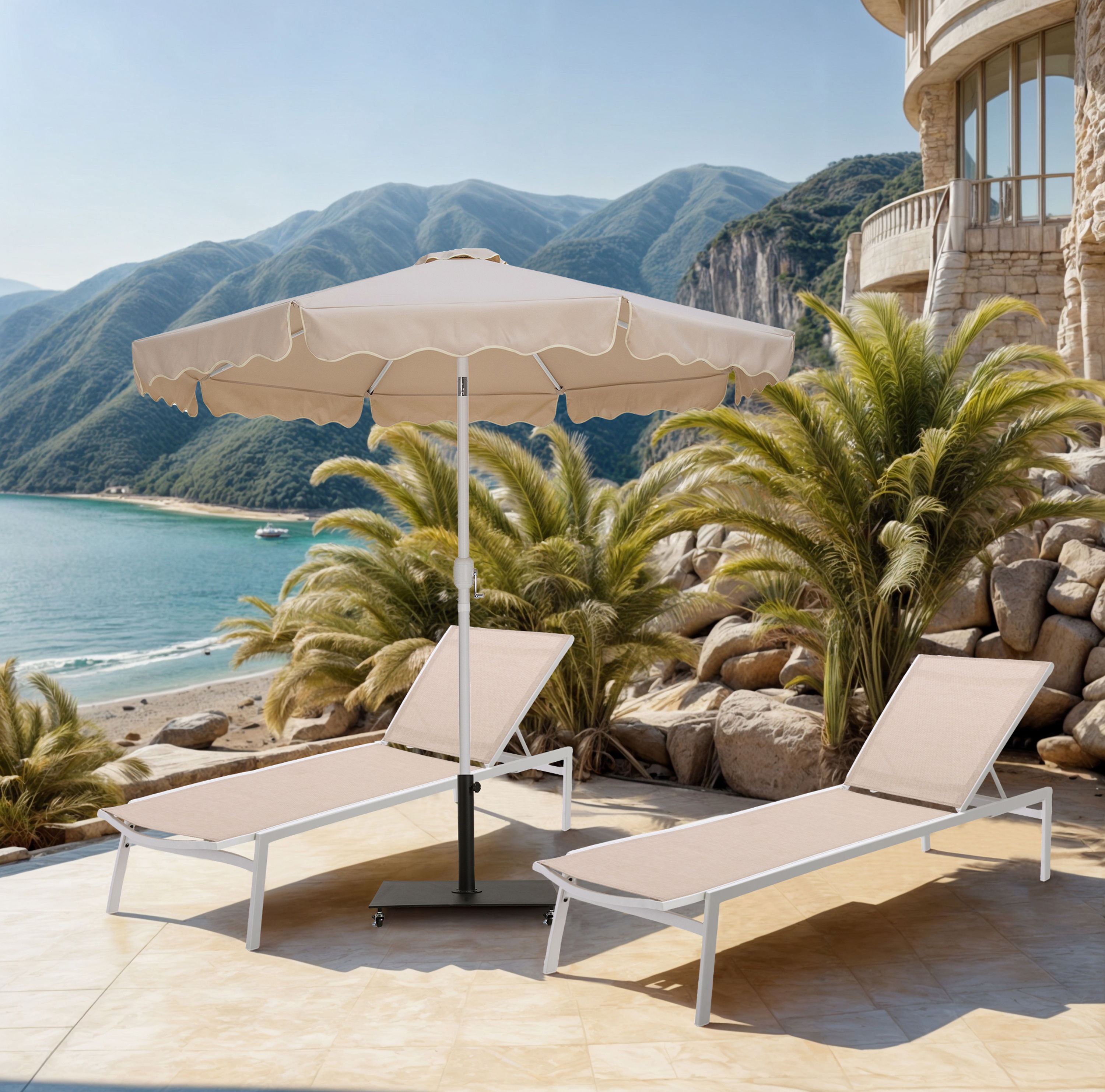 Amalfi - With Cream Piping Aluminum Patio Umbrella with Base Fabric - Beige / Matte Black