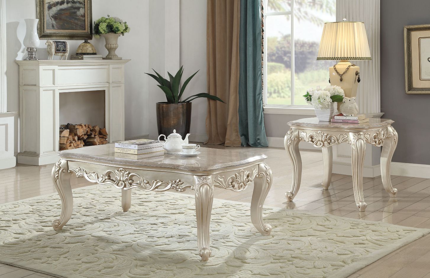 Gorsedd - Coffee Table With Marble Top - Marble Top & Golden Ivory, beige