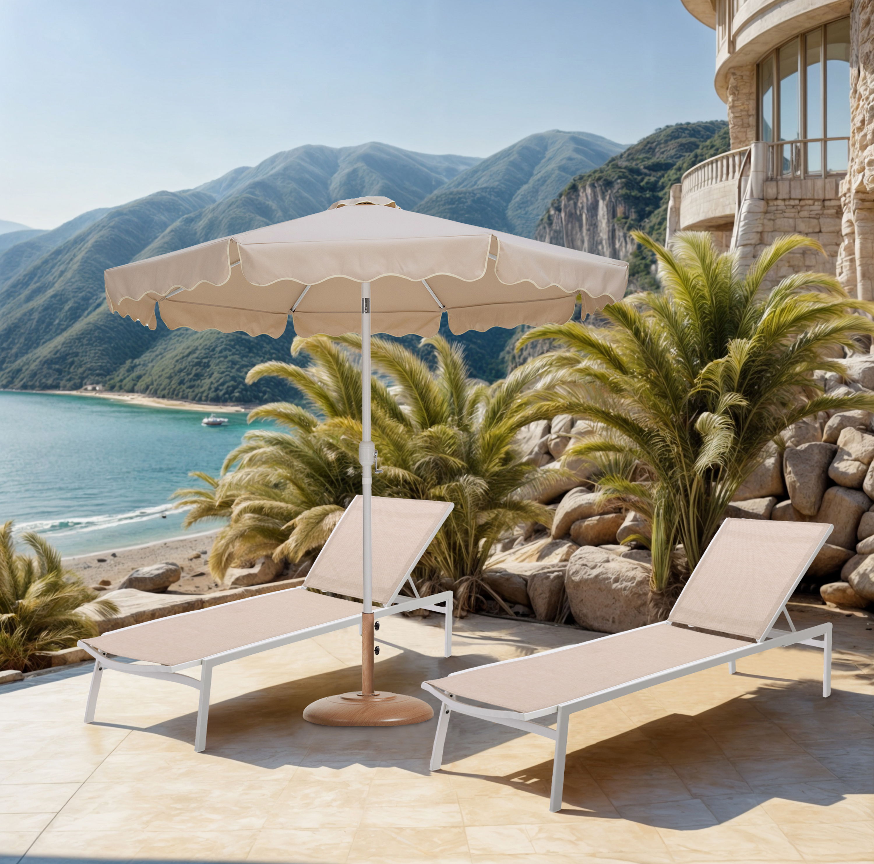 Amalfi - With Cream Piping Aluminum Patio Umbrella With Base - Beige / Teak