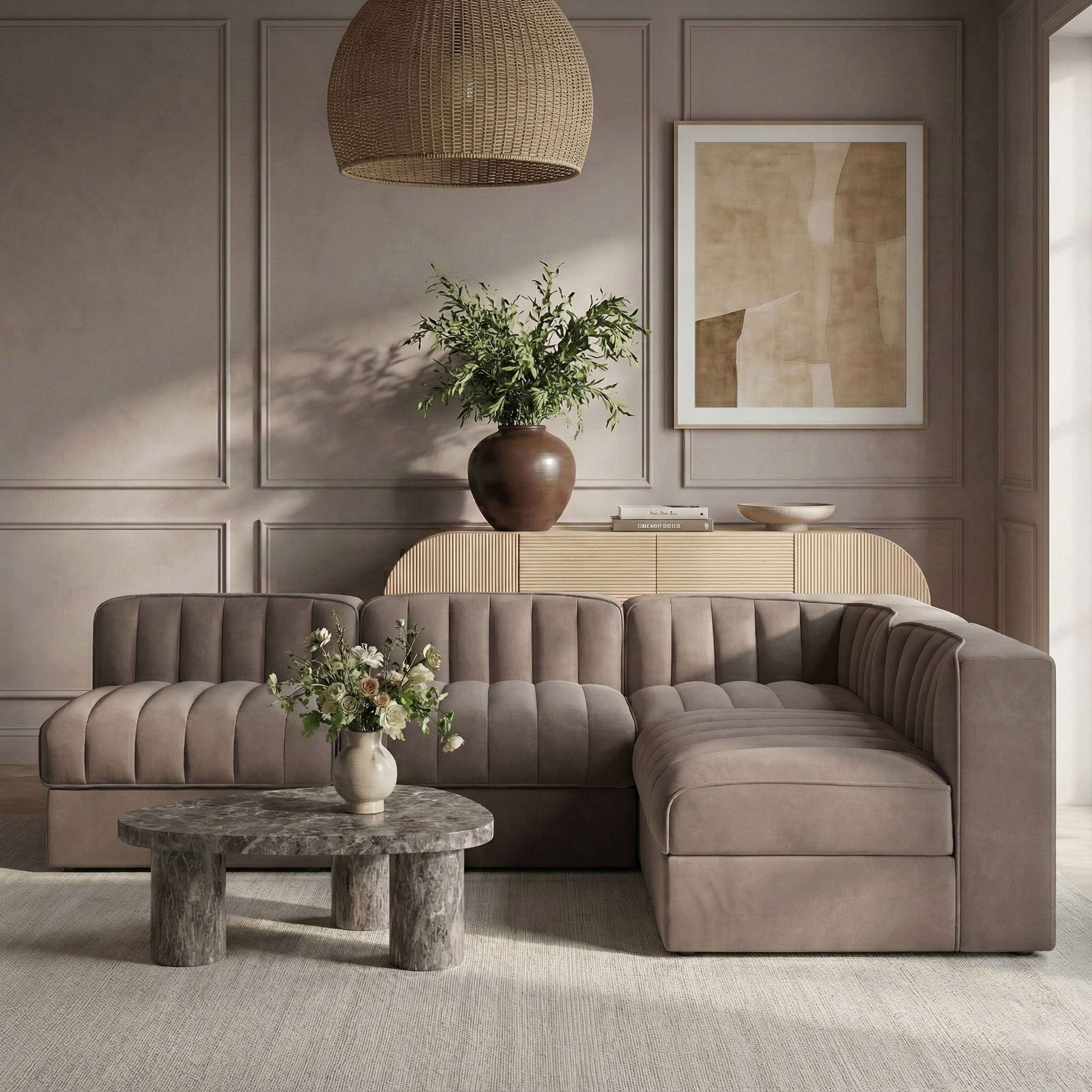 Rummi - Armless Velvet Performance Fabric Upholstered 4 Piece Modular Sectional - Taupe