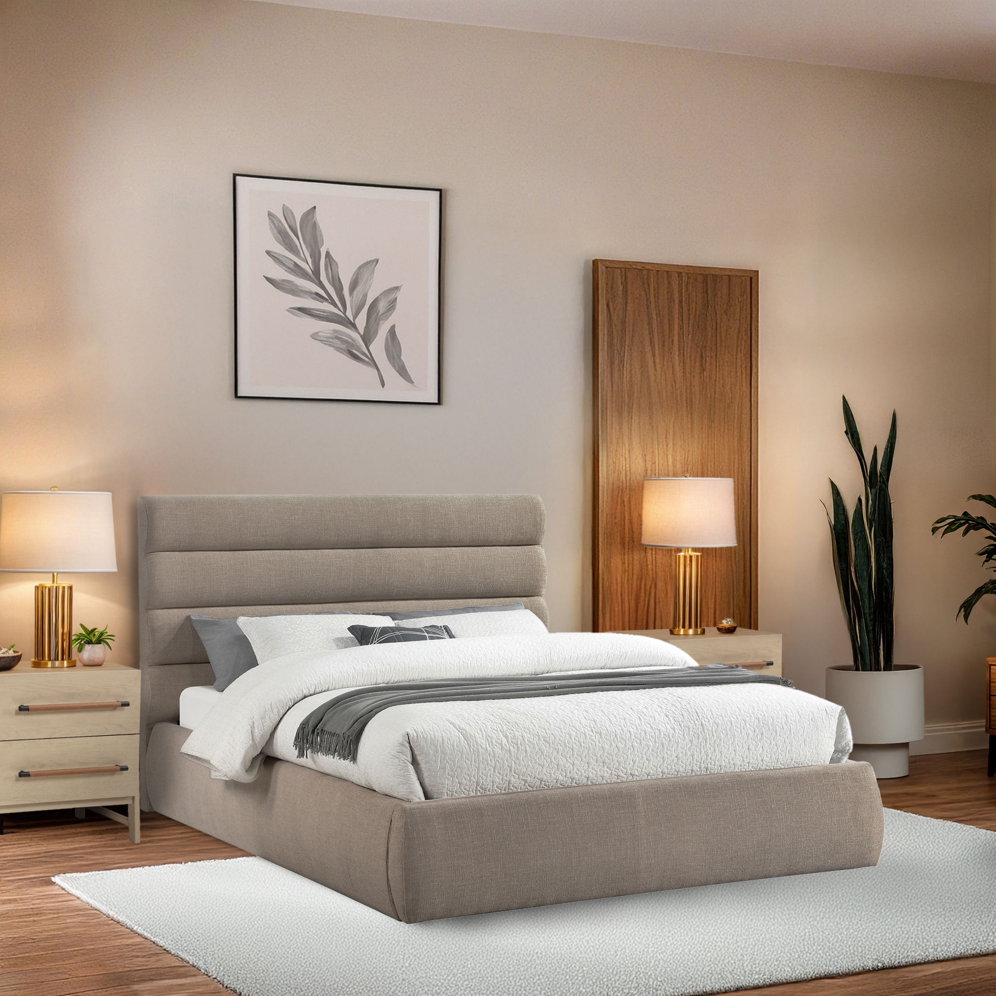 Adam - Linen Fabric Queen Bed With 52" Headboard - Beige