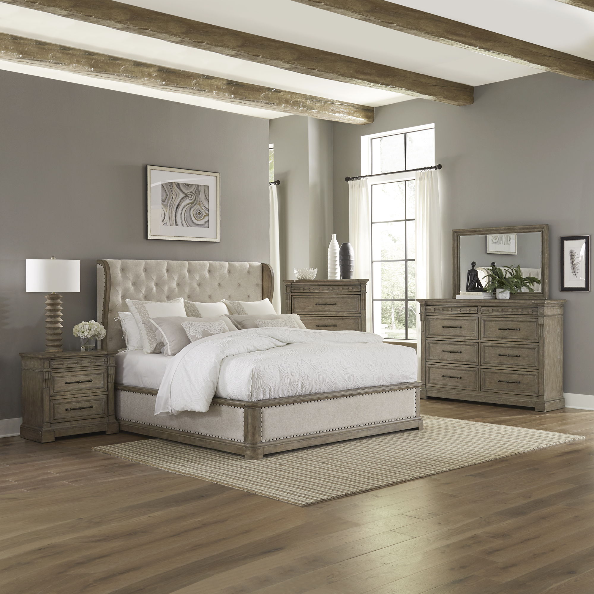 Liberty Furniture Town & Country - 5 Piece Bedroom Set (King Shelter Bed, Dresser & Mirror, Chest, Nightstand) - Medium Brown