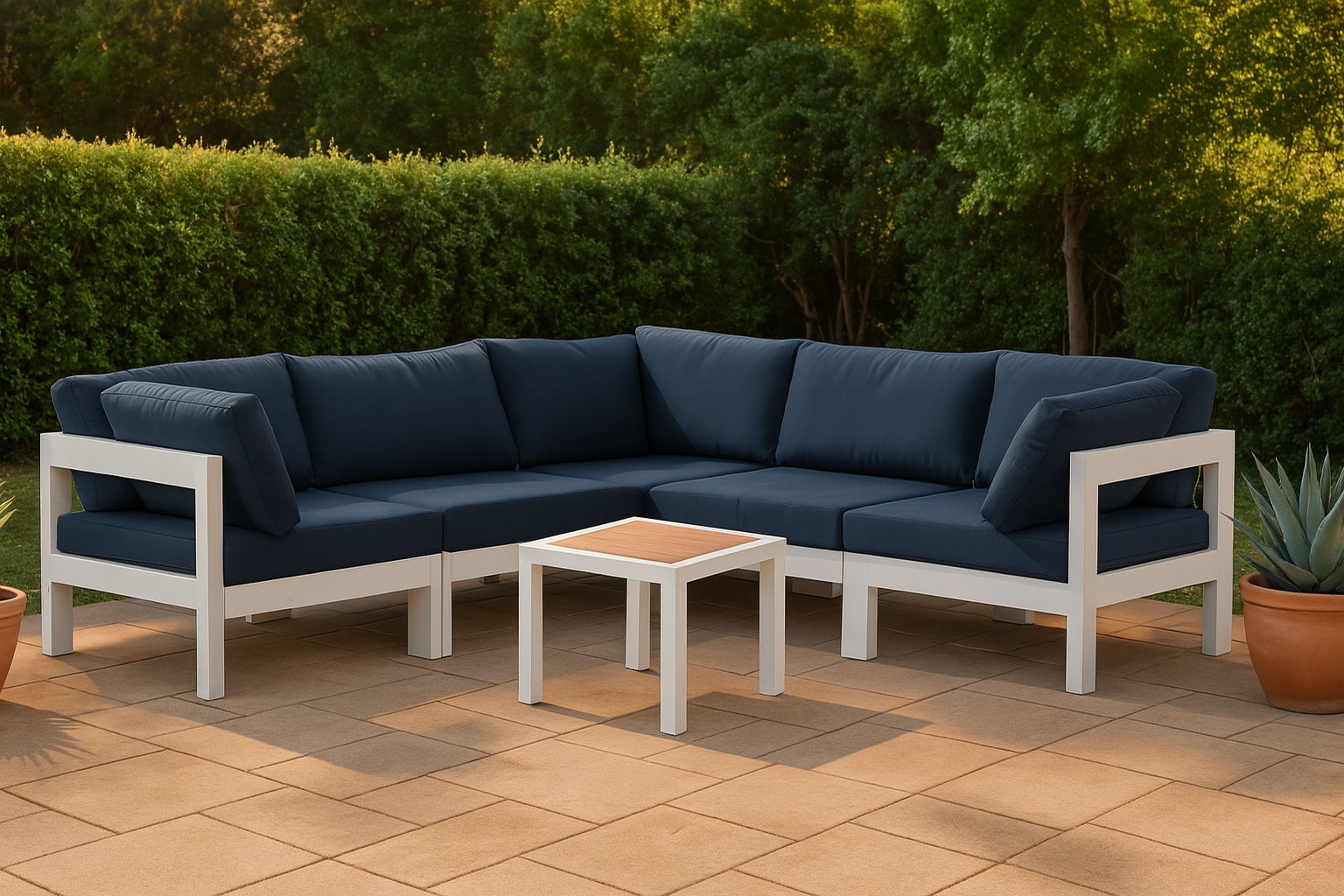 Nizuc - Outdoor Patio 5 Piece Modular Corner Sectional With White Frame - Navy