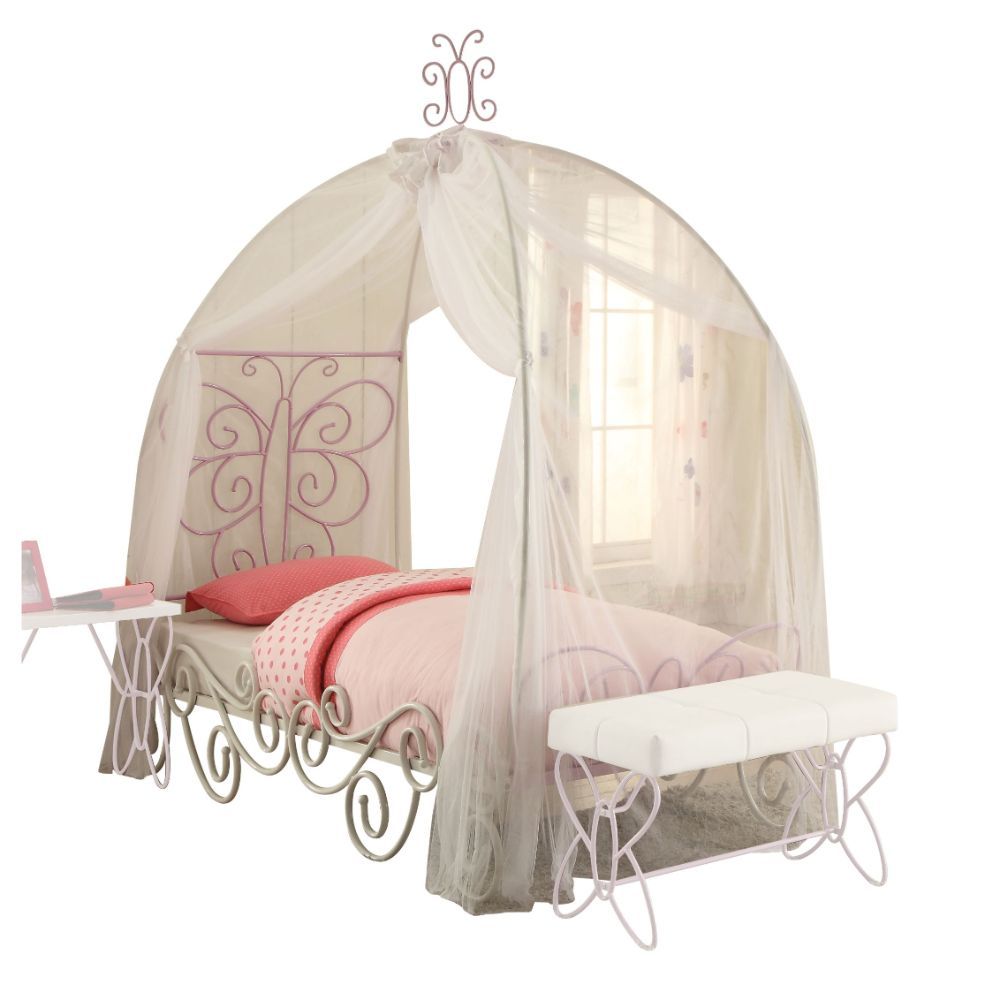 Priya II - Full Bed With Canopy - White & Light Synthetic Leather Rple, white