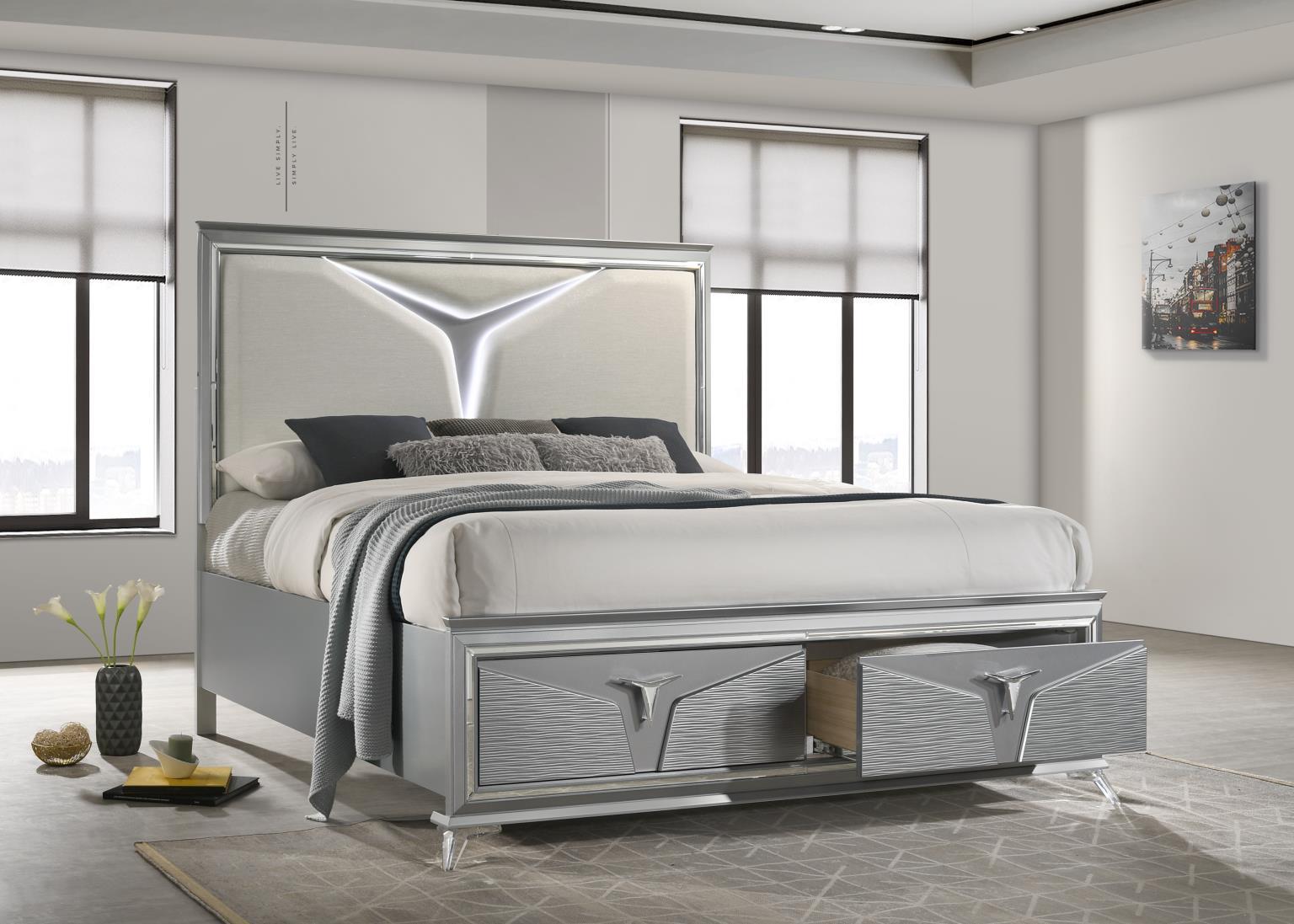 B024 - 3 Piece Bedroom Set (Queen Bed Frame, Dresser, Mirror) - Pearl Silver