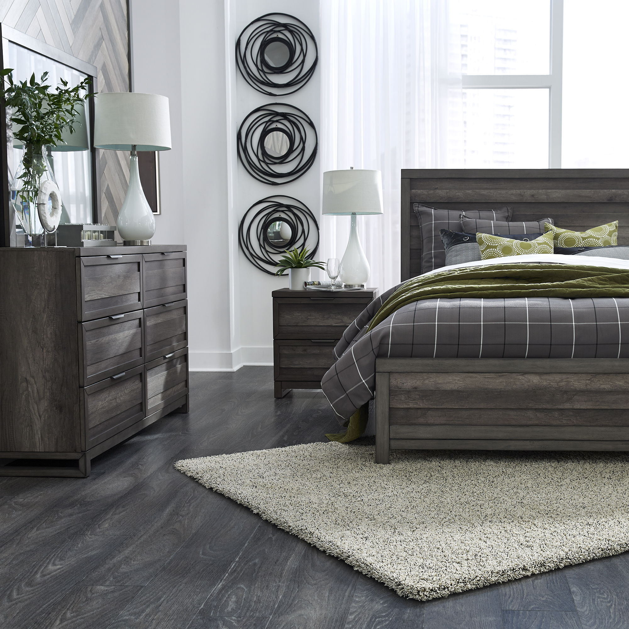 Liberty Furniture Tanners Creek - 4 Piece Bedroom Set (King Panel Bed, Dresser & Mirror, Nightstand) - Dark Gray