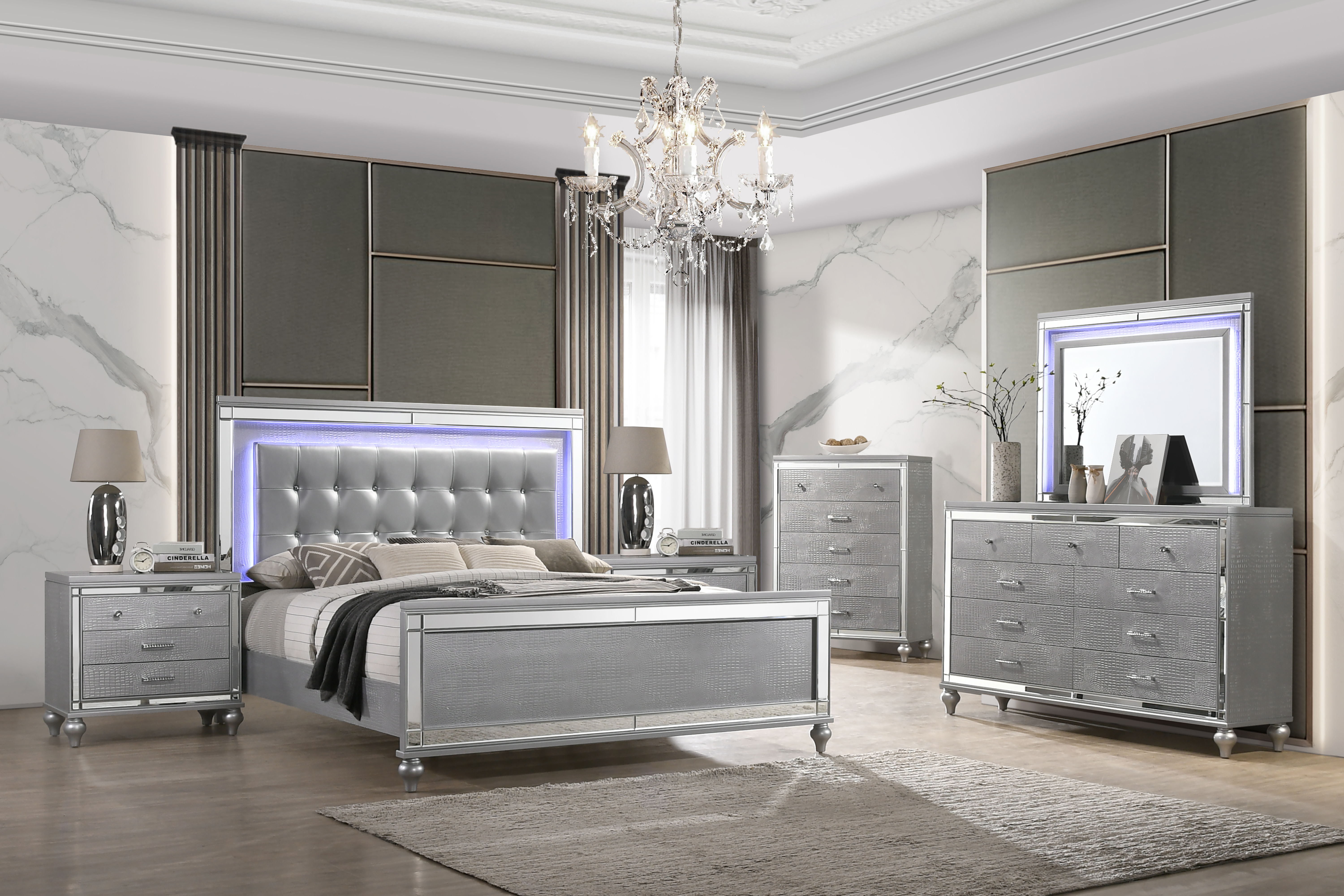 Valentino - 6/6 Eastern King 6 Piece Bedroom Set (Bed & Dresser & Mirror & Chest & 2 Nightstands) - Silver