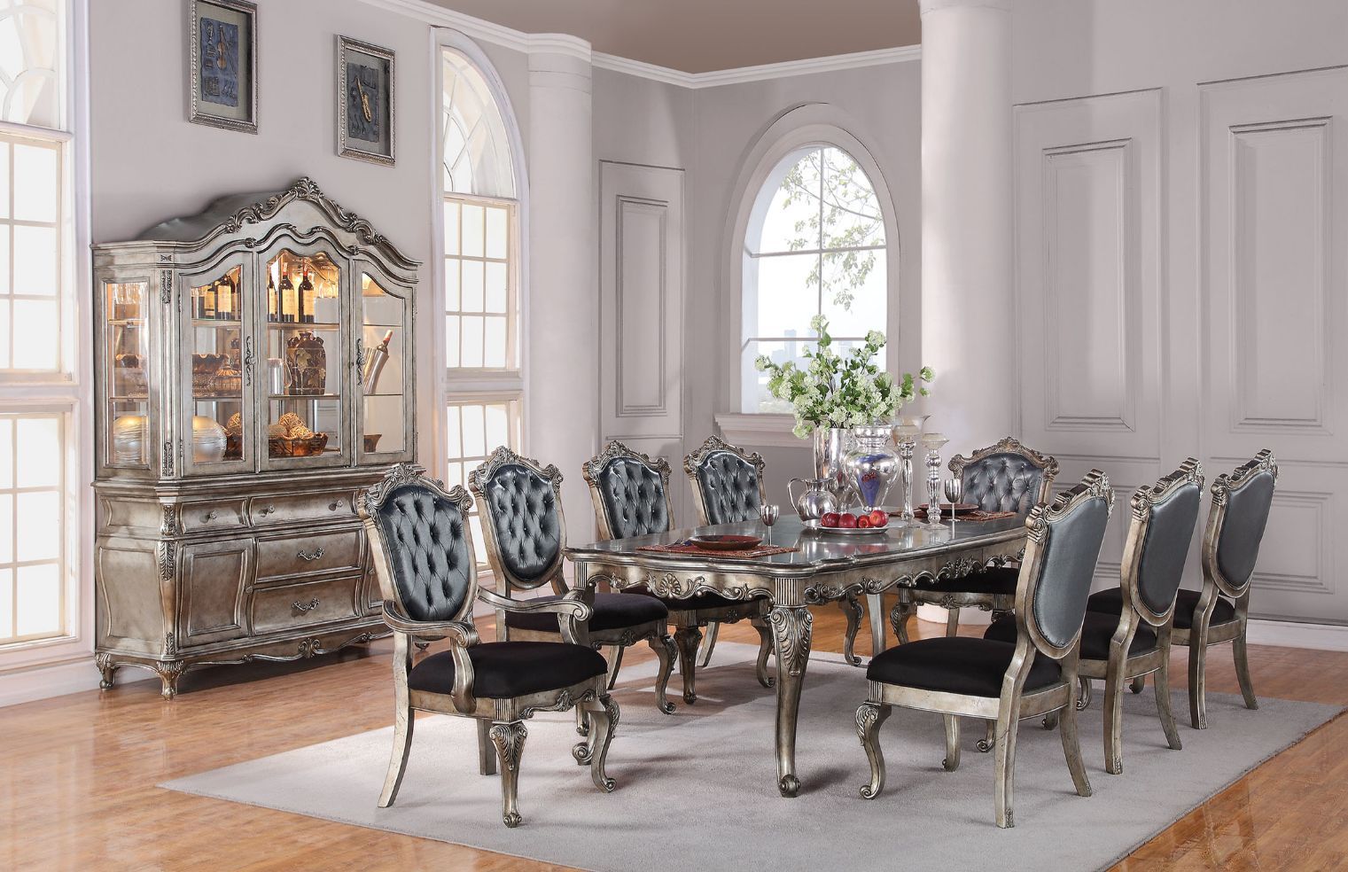 Chantelle - Dining Table - Antique Platinum, silver