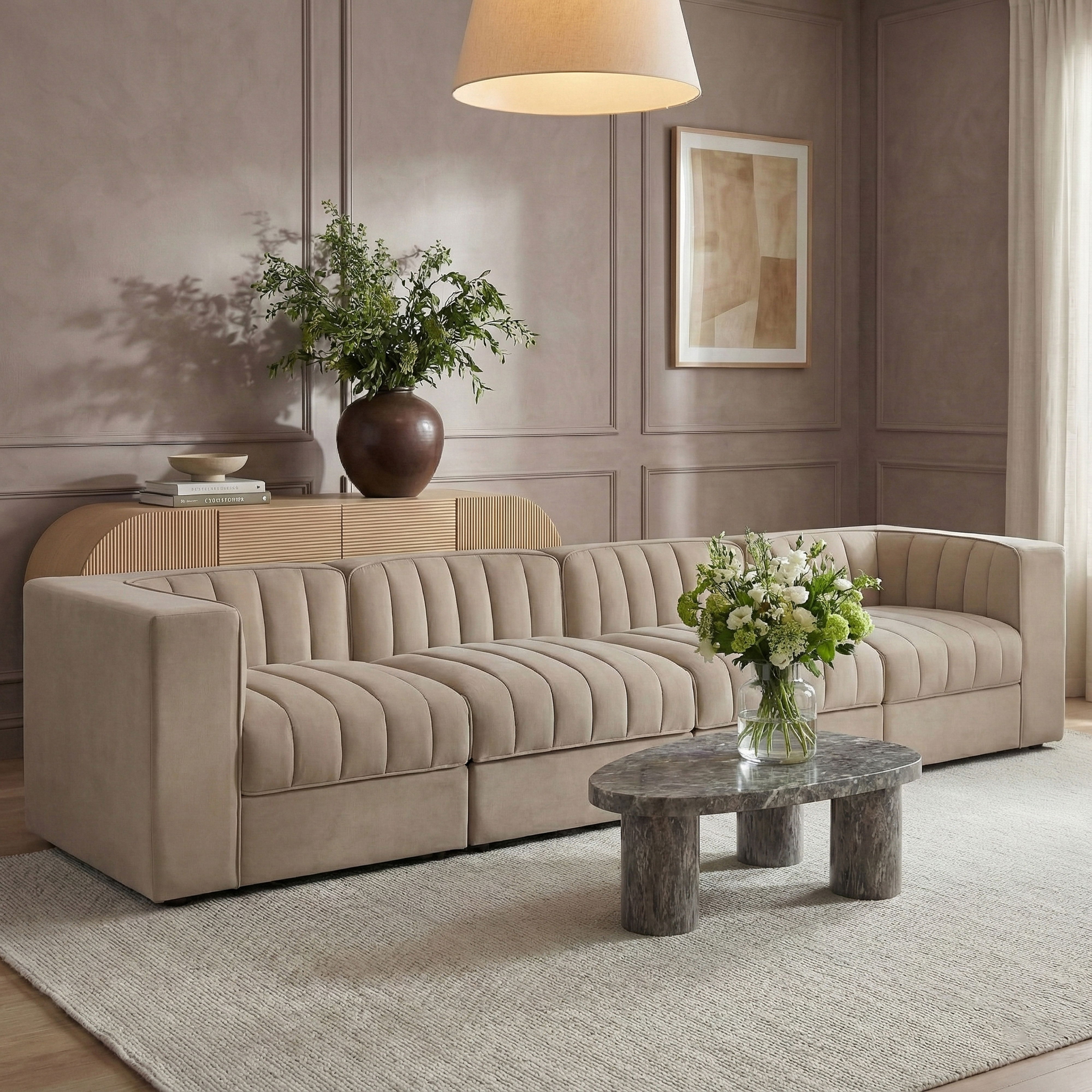 Rummi - Velvet Performance Fabric Upholstered 4 Piece Modular Sofa - Beige