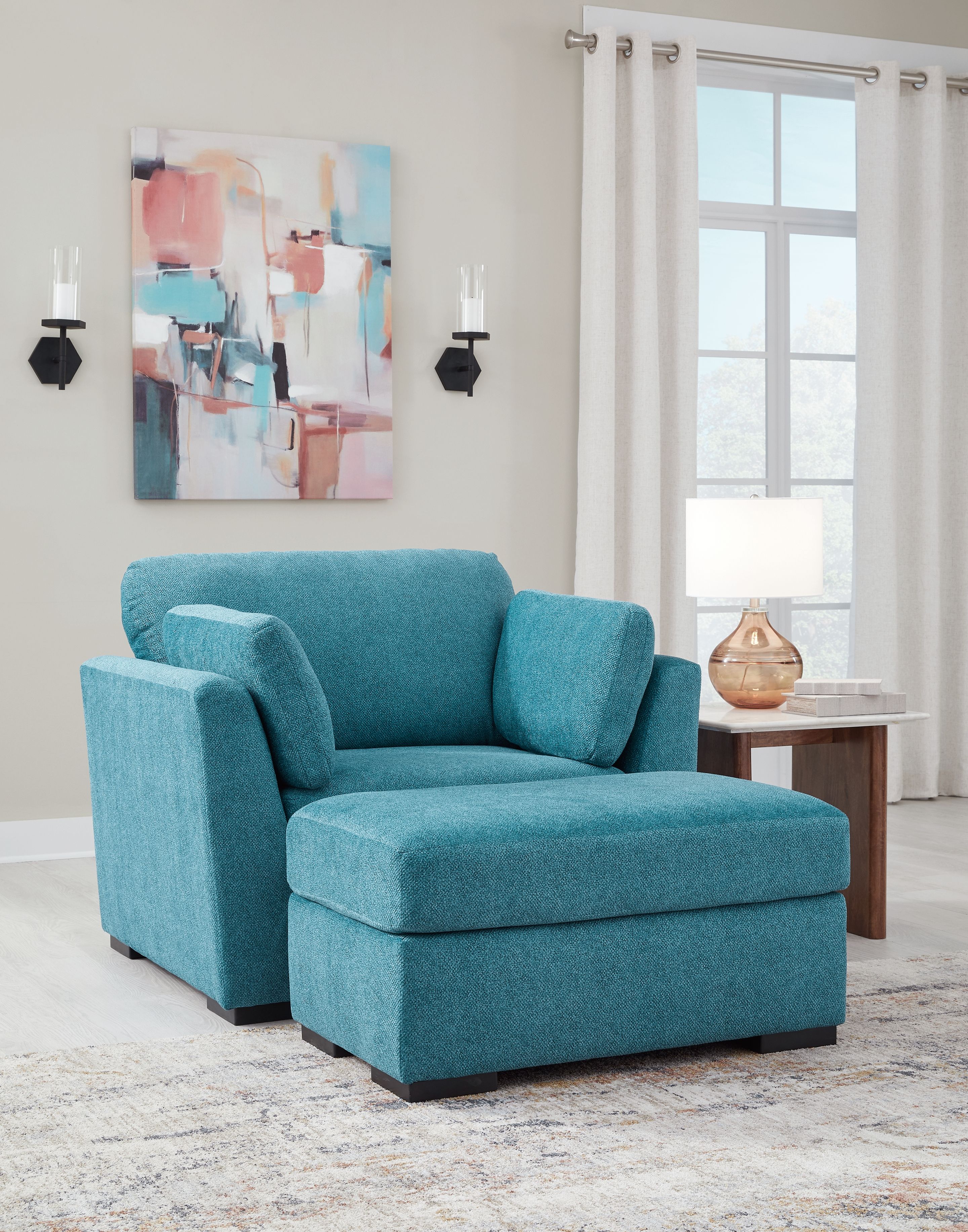 Ashley Keerwick - Teal - 2 Pc. - Chair And A Half, Ottoman