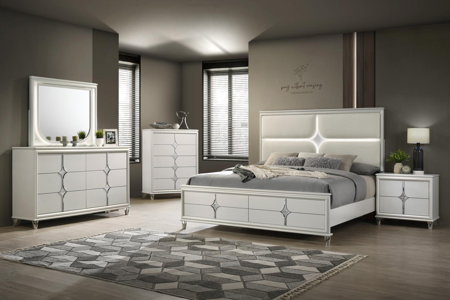 B025 - 3 Piece Bedroom Set (Queen Bed Frame, Dresser, Mirror) - White