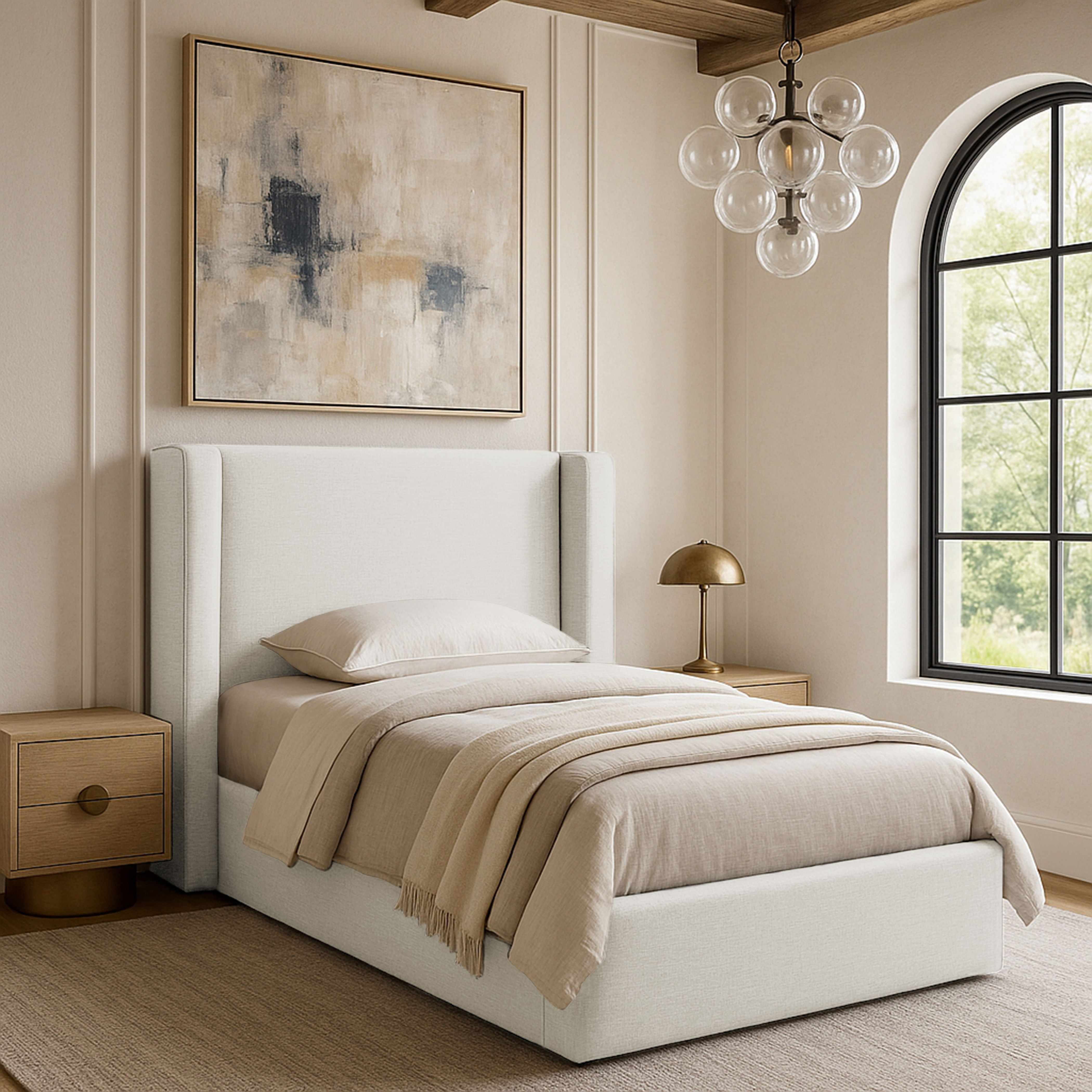 Kendall - Linen Textured Fabric Upholstered Twin Bed - Cream